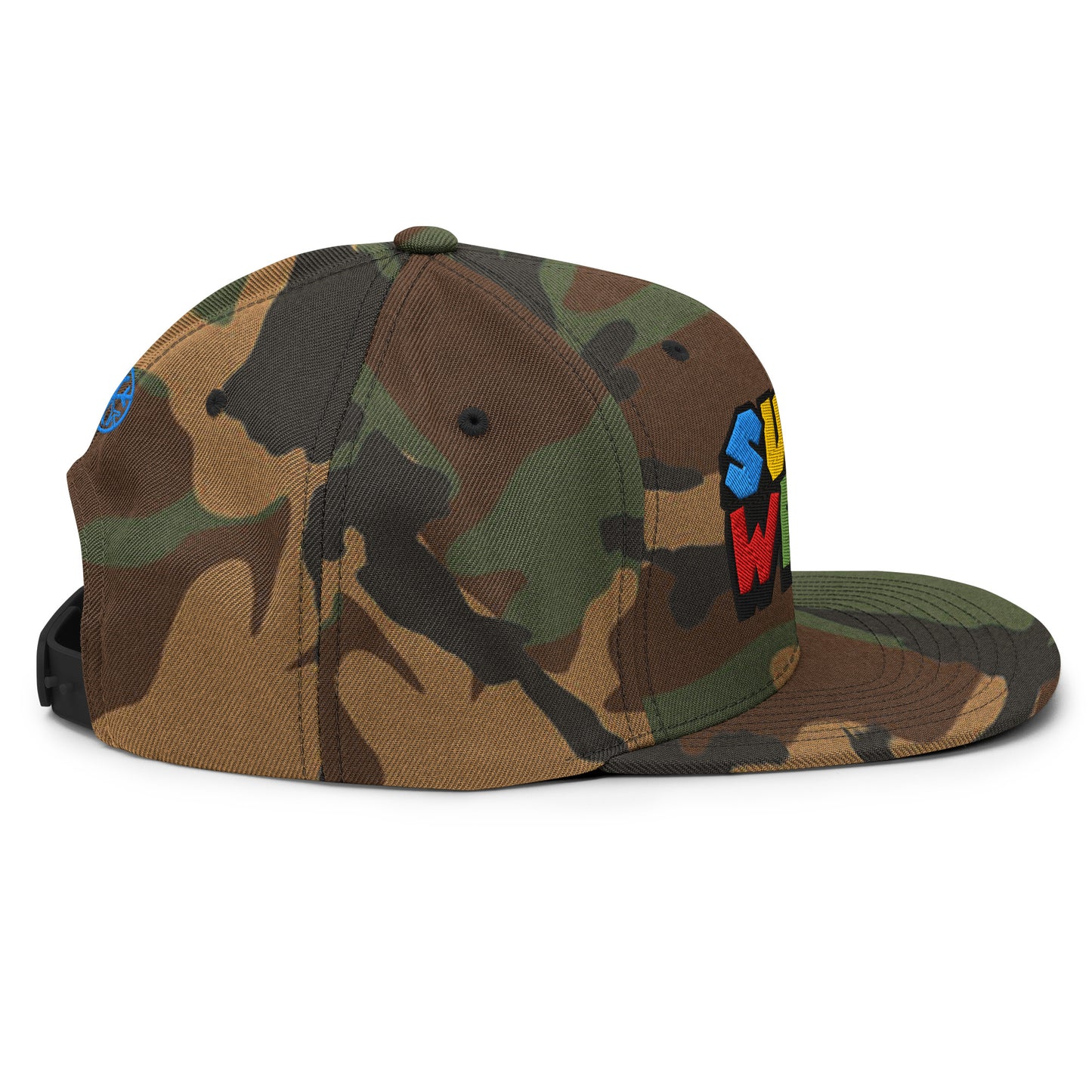 Camo-Super Weird Bros Snapback Hat from B.Different Clothing, right view, graffiti-inspired streetwear
