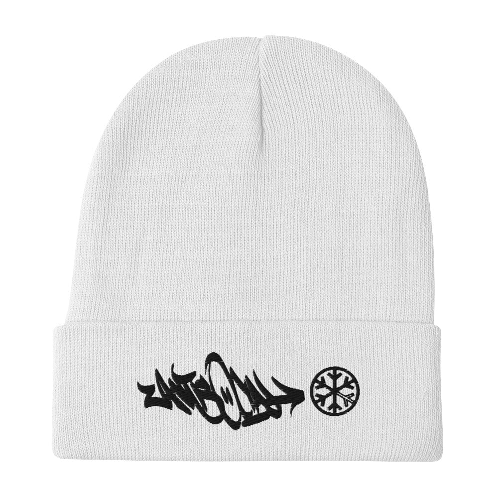 White-Antisocial Graffiti Tag Beanie Hat from B.Different Clothing, flat view, graffiti-inspired streetwear