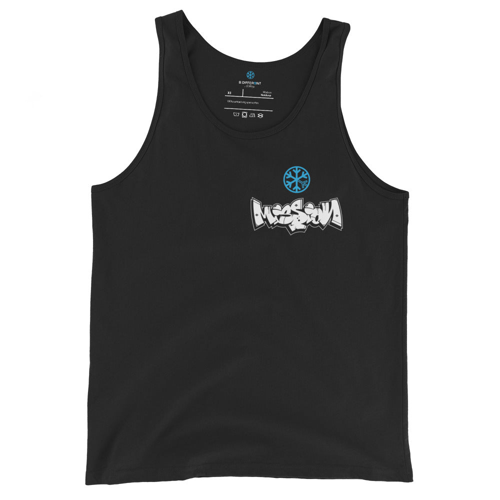 Black-Mission Graffiti Character Tank Top from B.Different Clothing, front view, graffiti-inspired streetwear