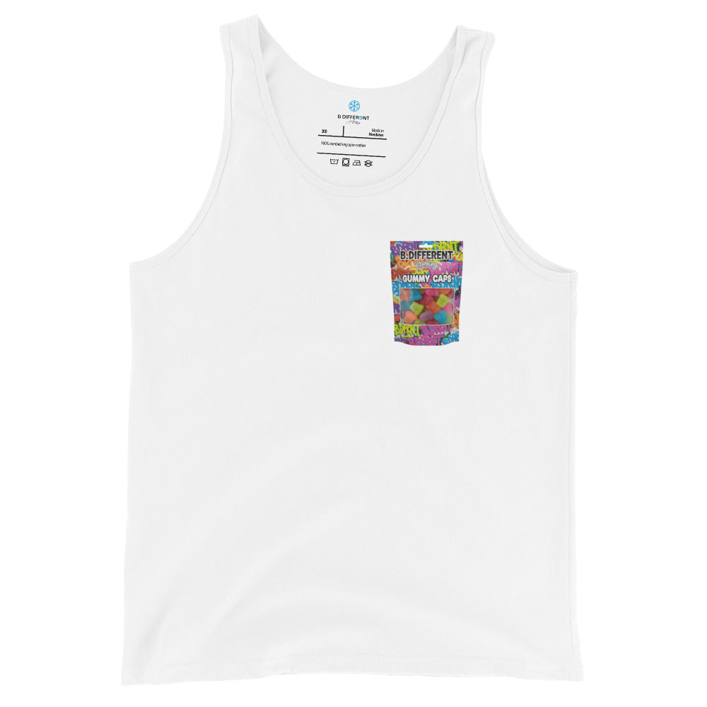 White-Gummy Caps Graffiti Tank Top from B.Different Clothing, front view, graffiti-inspired streetwear