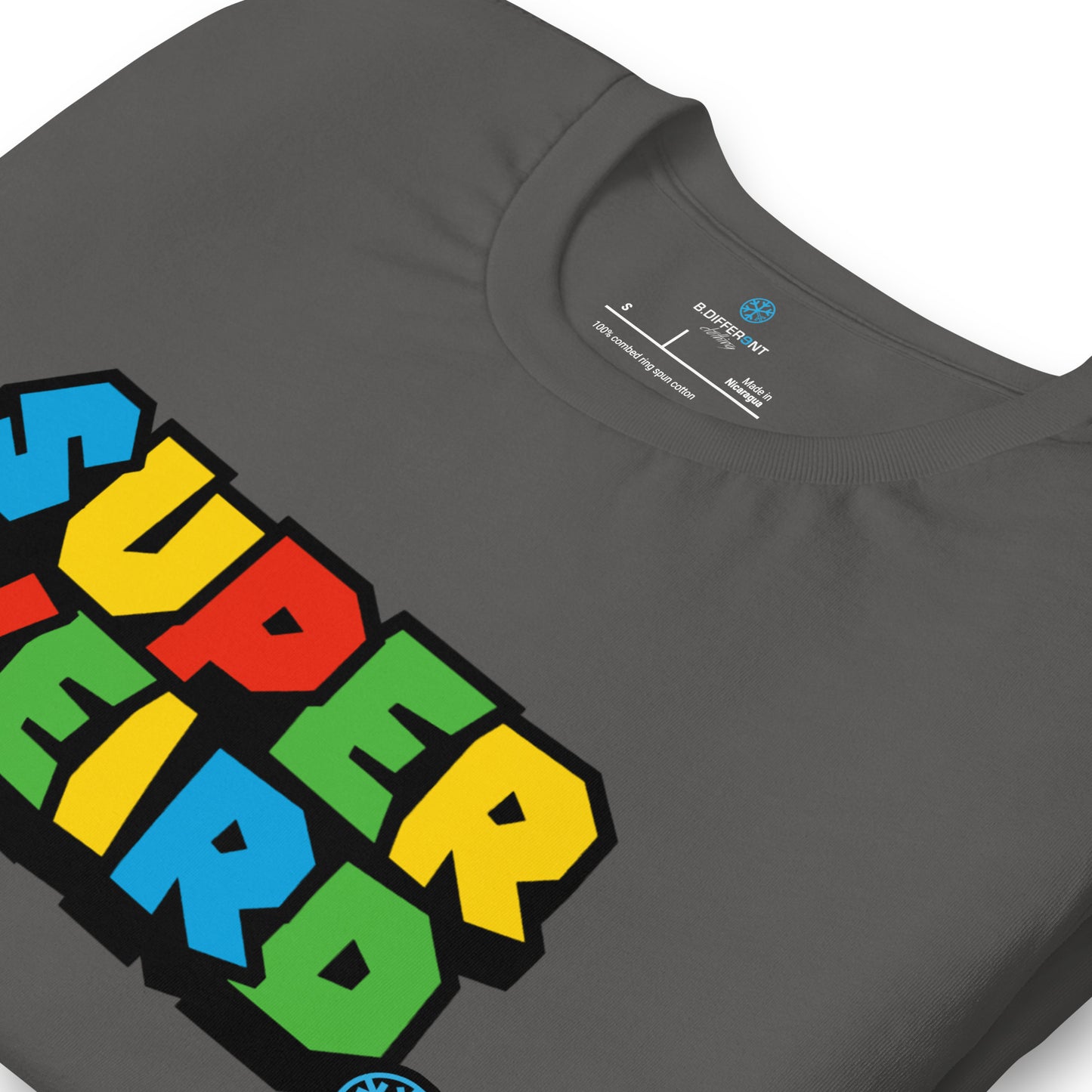 Gray-Super Weird Tee from B.Different Clothing, detail, graffiti-inspired streetwear t-shirt