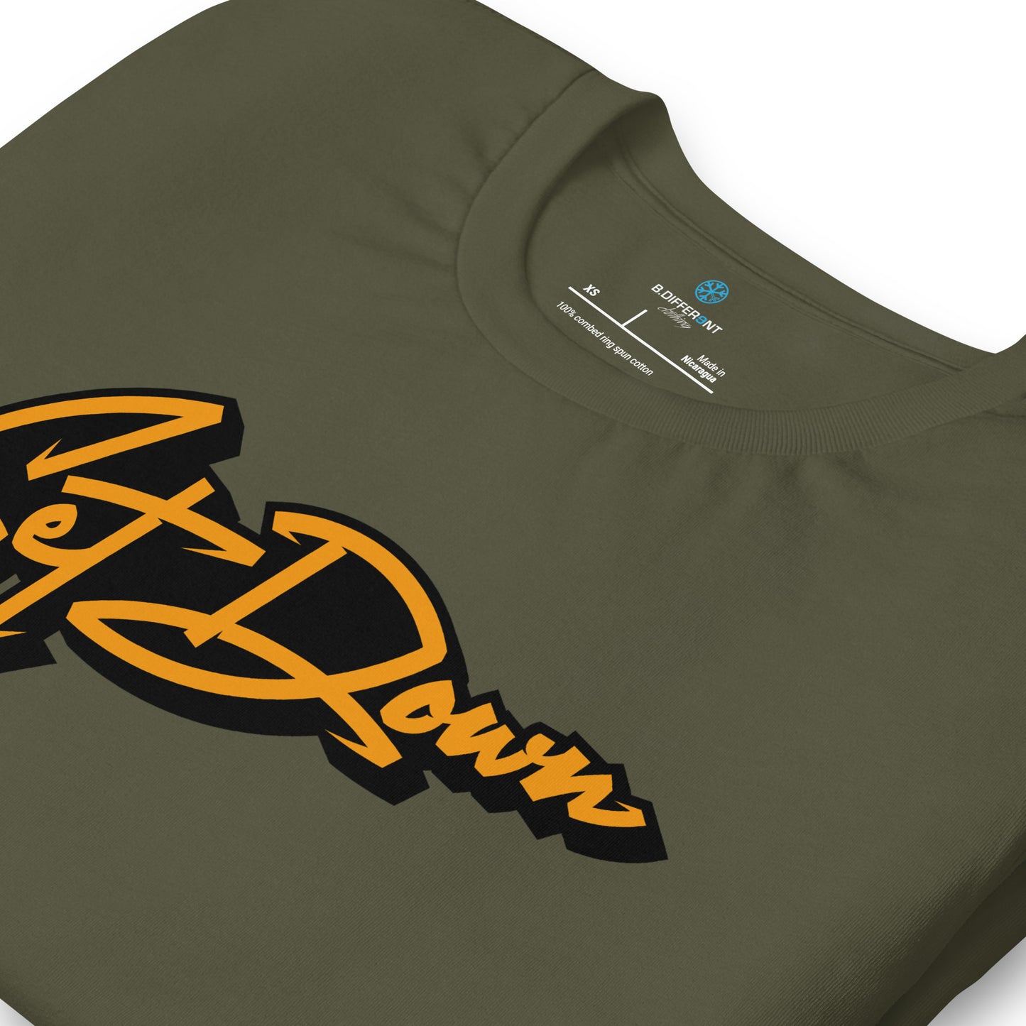 Green-Get Down Graffiti Tag Tee from B.Different Clothing, detail, graffiti-inspired streetwear t-shirt