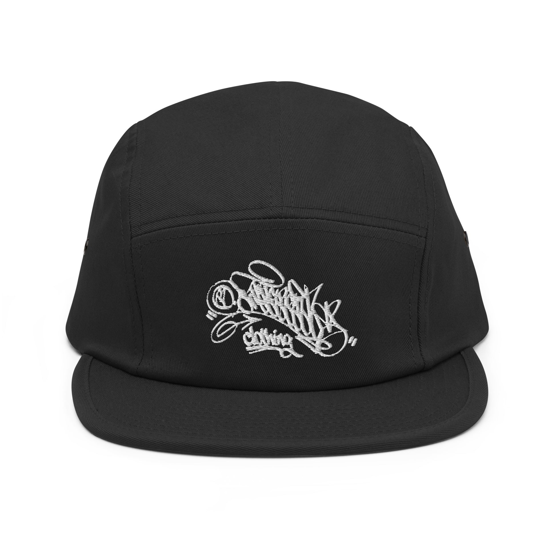 Black-Graffiti Dad Collab 5-Panel Snapback Hat from B.Different Clothing, front view, graffiti-inspired streetwear