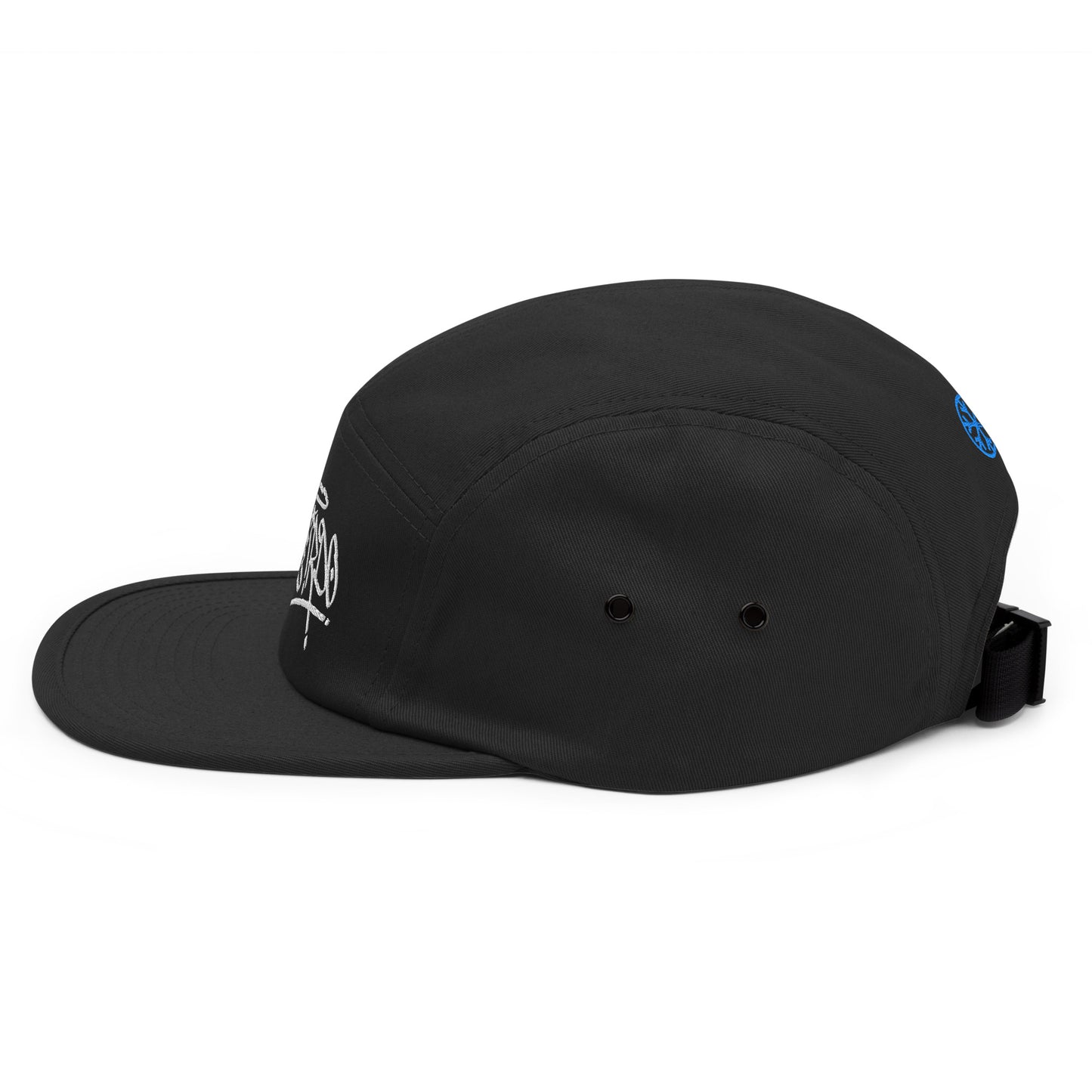 Black-Weirdo Graffiti Tag 5-panel Snapback Hat from B.Different Clothing, left view, graffiti-inspired streetwear