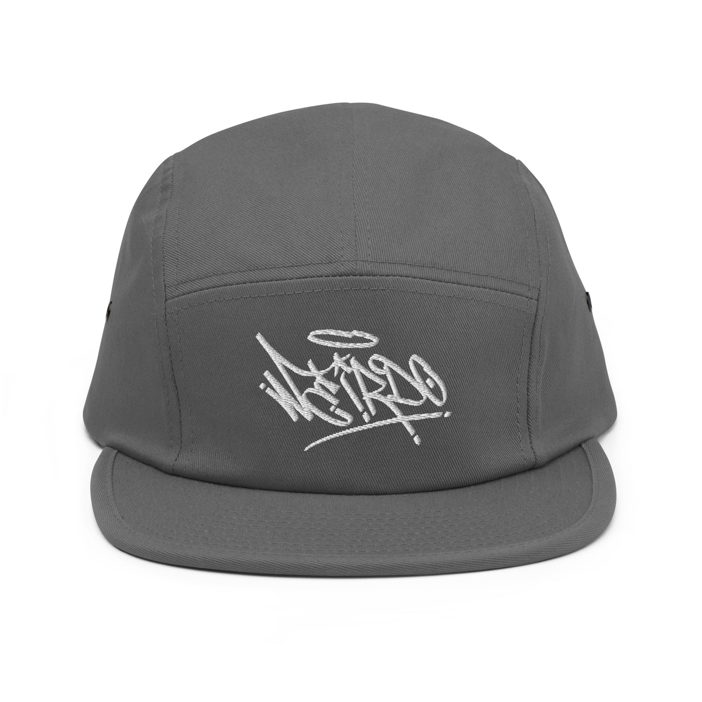 Gray-Weirdo Graffiti Tag 5-panel Snapback Hat from B.Different Clothing, front view, graffiti-inspired streetwear