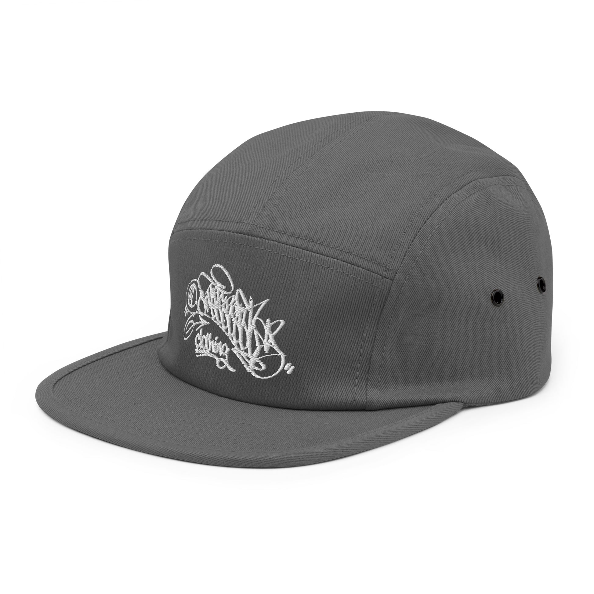 Gray-Graffiti Dad Collab 5-Panel Snapback Hat from B.Different Clothing, 3/4 left view, graffiti-inspired streetwear