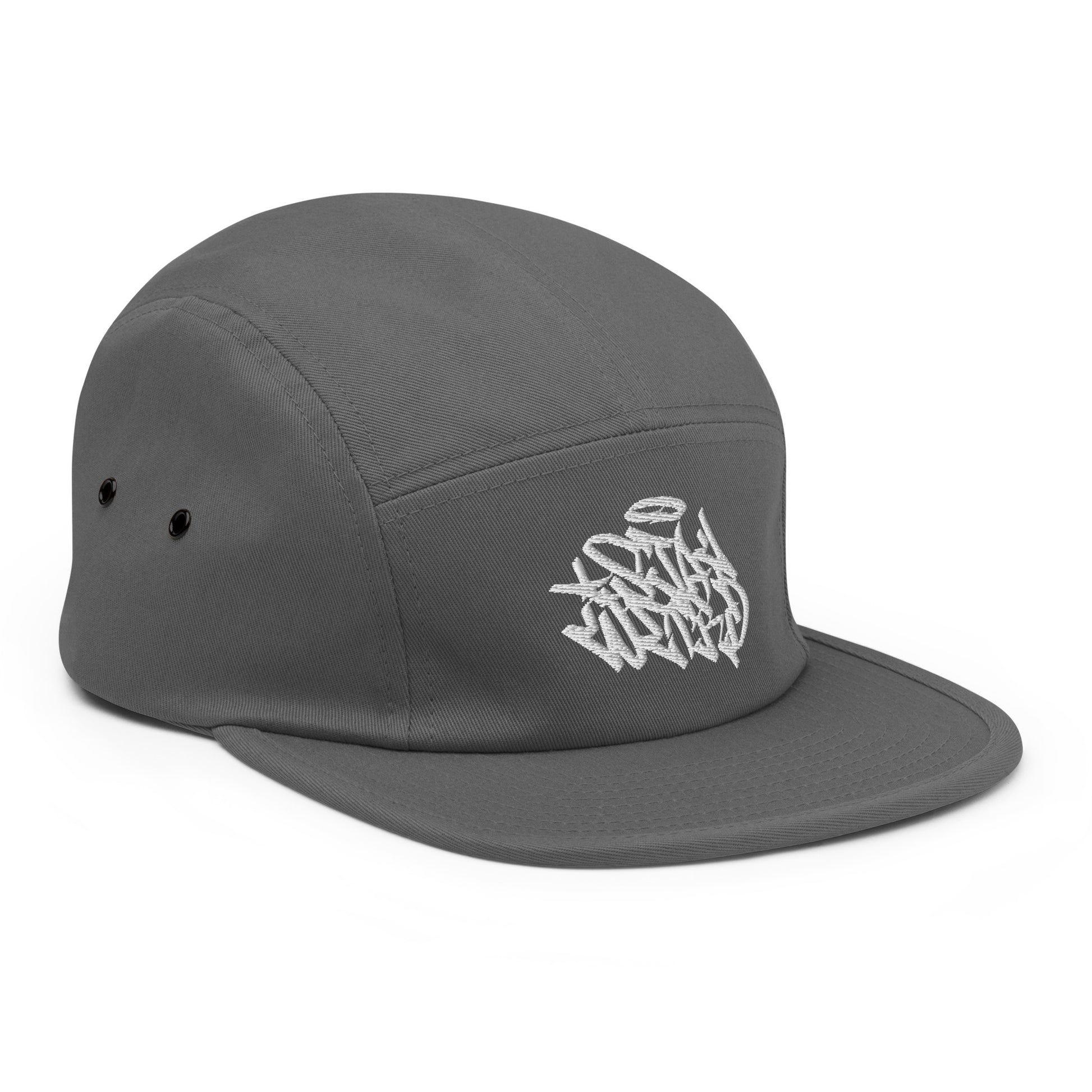 Gray-Stay Weird Graffiti Tag 5-Panel Snapback Hat from B.Different Clothing, 3/4 right view, graffiti-inspired streetwear