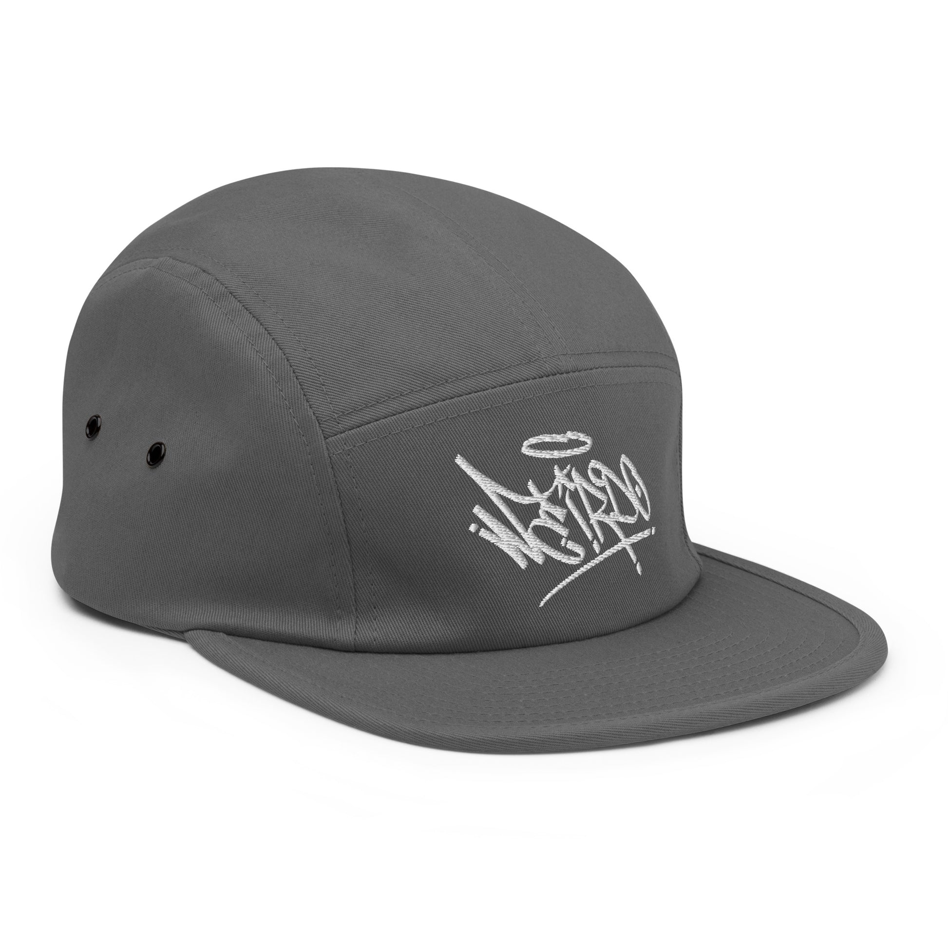 Gray-Weirdo Graffiti Tag 5-panel Snapback Hat from B.Different Clothing, 3/4 right view, graffiti-inspired streetwear