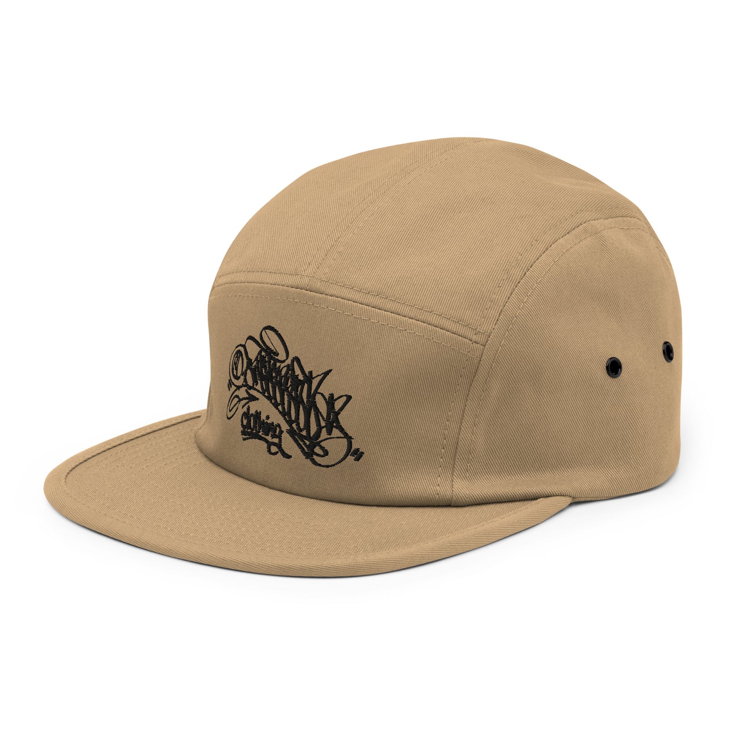 Khaki-Graffiti Dad Collab 5-Panel Snapback Hat from B.Different Clothing, 3/4 left view, graffiti-inspired streetwear
