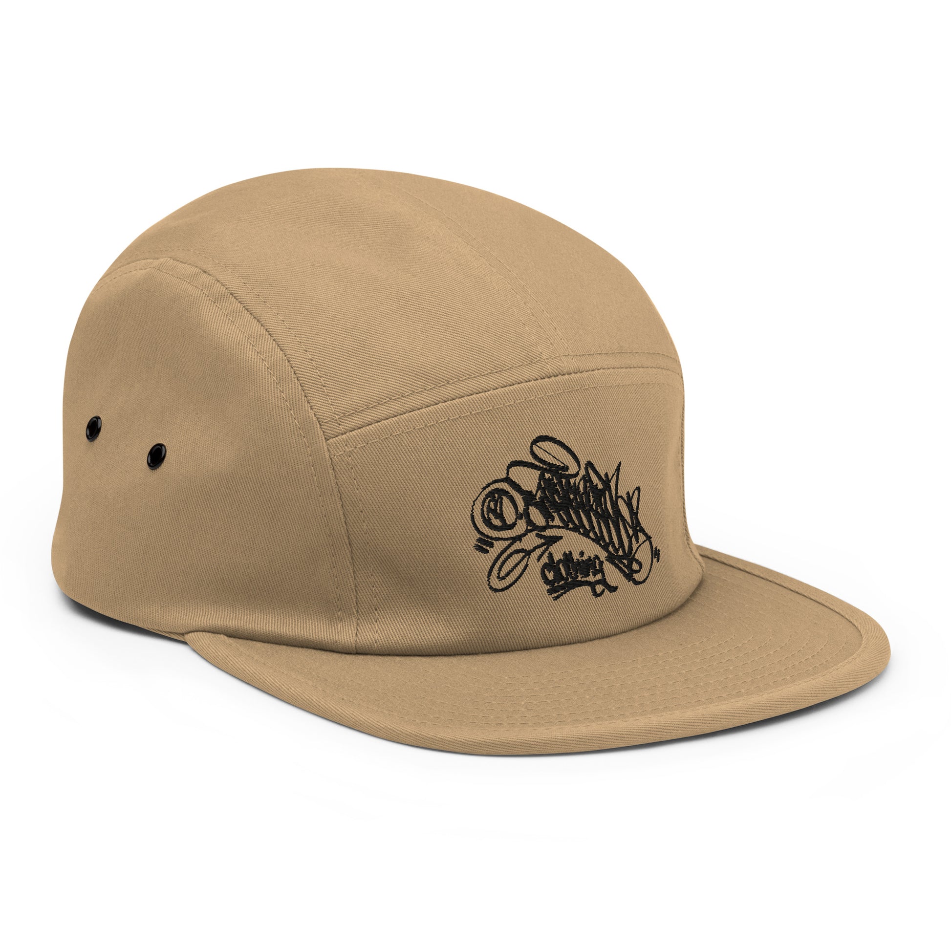 Khaki-Graffiti Dad Collab 5-Panel Snapback Hat from B.Different Clothing, 3/4 right view, graffiti-inspired streetwear