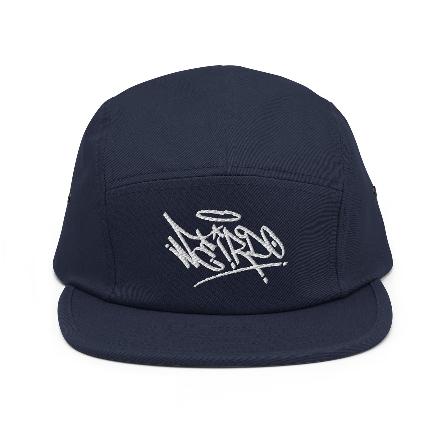 Navy-Weirdo Graffiti Tag 5-panel Snapback Hat from B.Different Clothing, front view, graffiti-inspired streetwear
