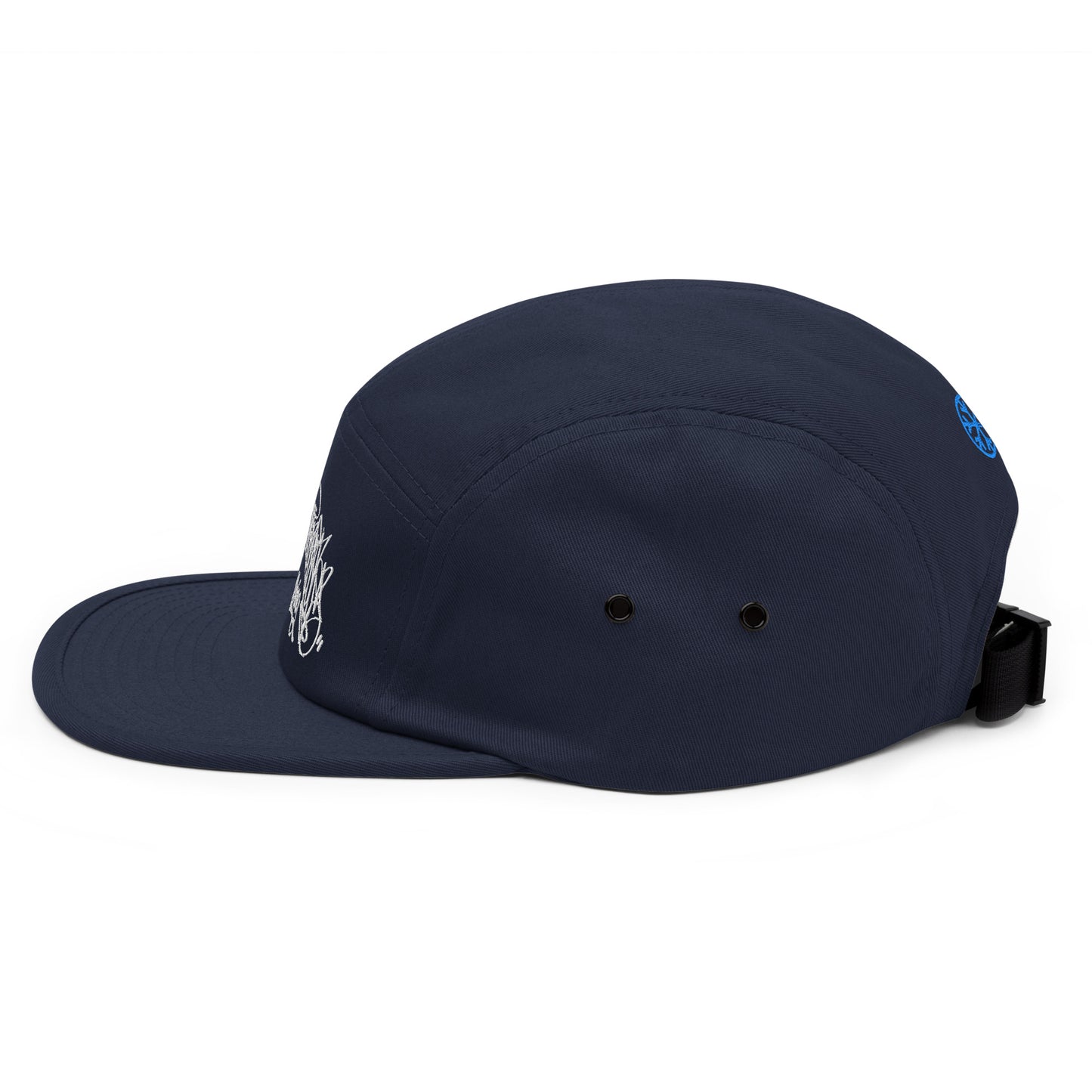 Navy-Graffiti Dad Collab 5-Panel Snapback Hat from B.Different Clothing, left view, graffiti-inspired streetwear