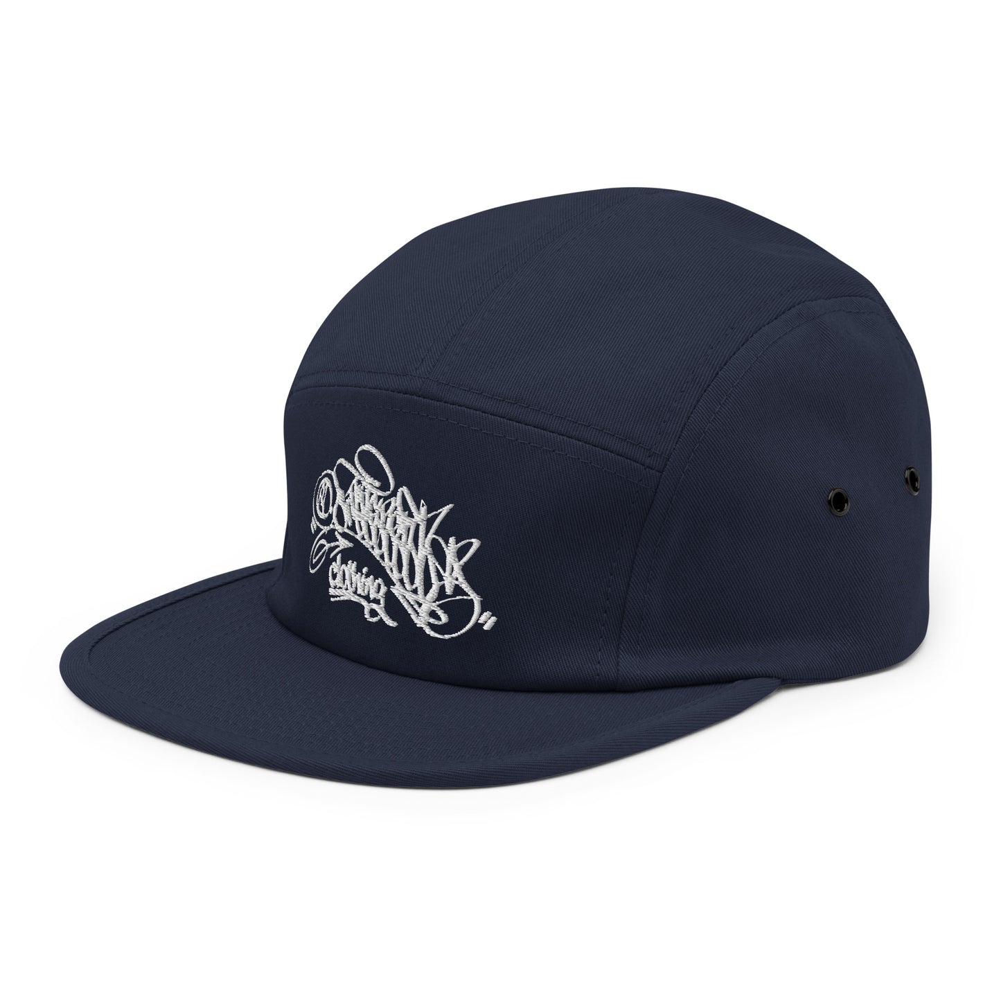 Navy-Graffiti Dad Collab 5-Panel Snapback Hat from B.Different Clothing, 3/4 left view, graffiti-inspired streetwear