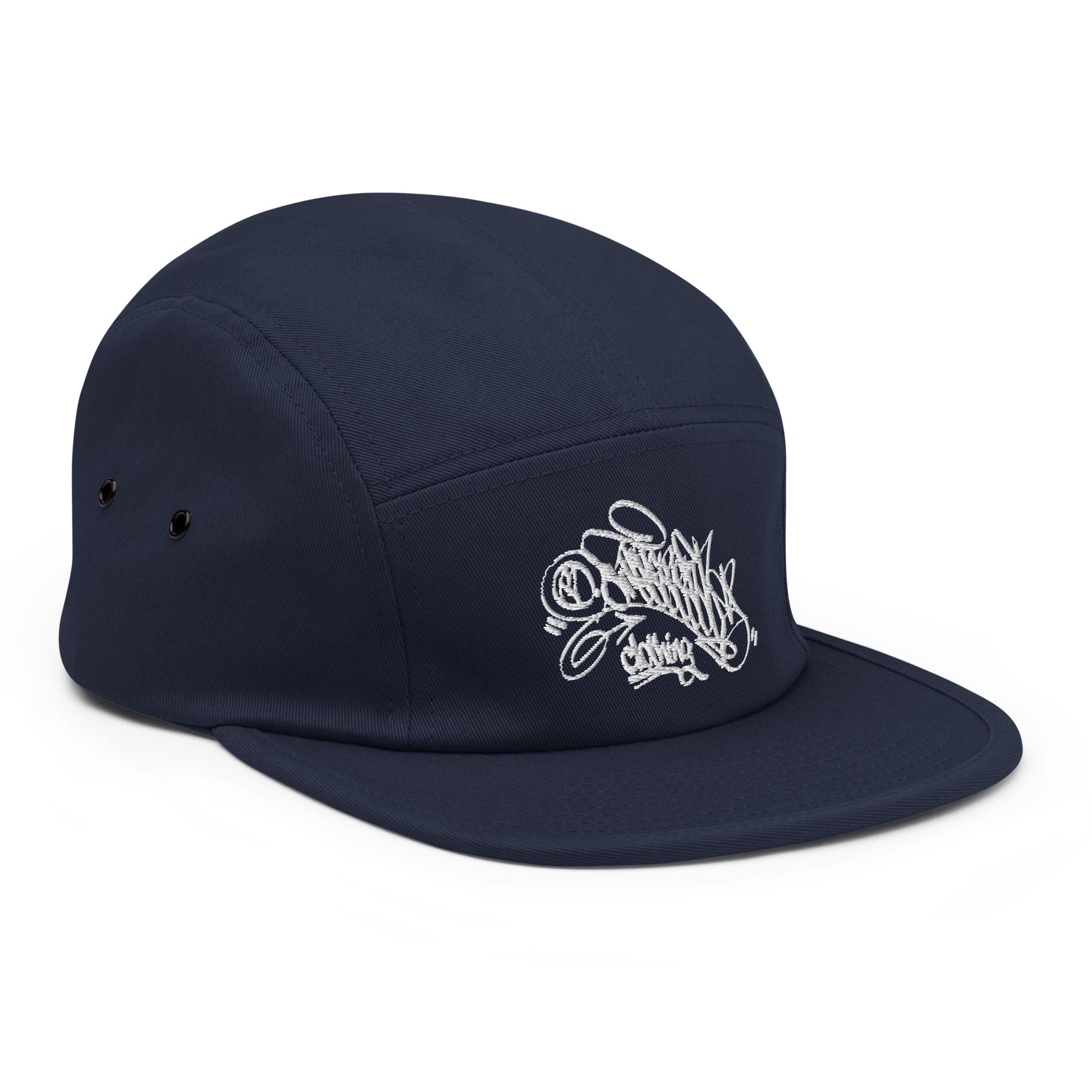 Navy-Graffiti Dad Collab 5-Panel Snapback Hat from B.Different Clothing, 3/4 right view, graffiti-inspired streetwear