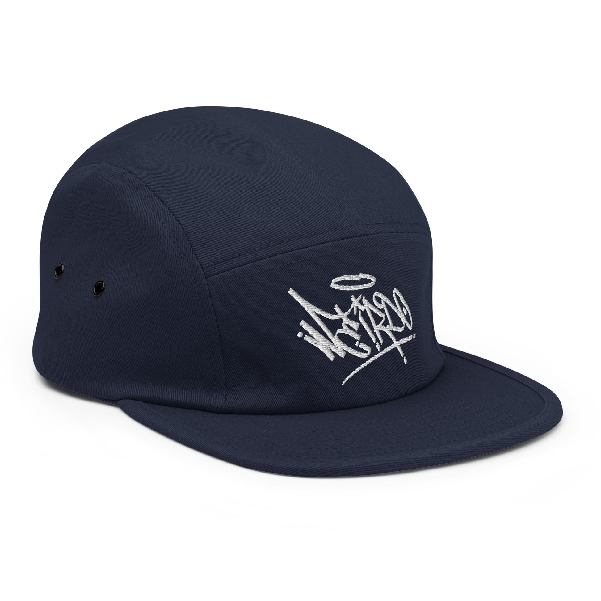 Navy-Weirdo Graffiti Tag 5-panel Snapback Hat from B.Different Clothing, 3/4 right view, graffiti-inspired streetwear