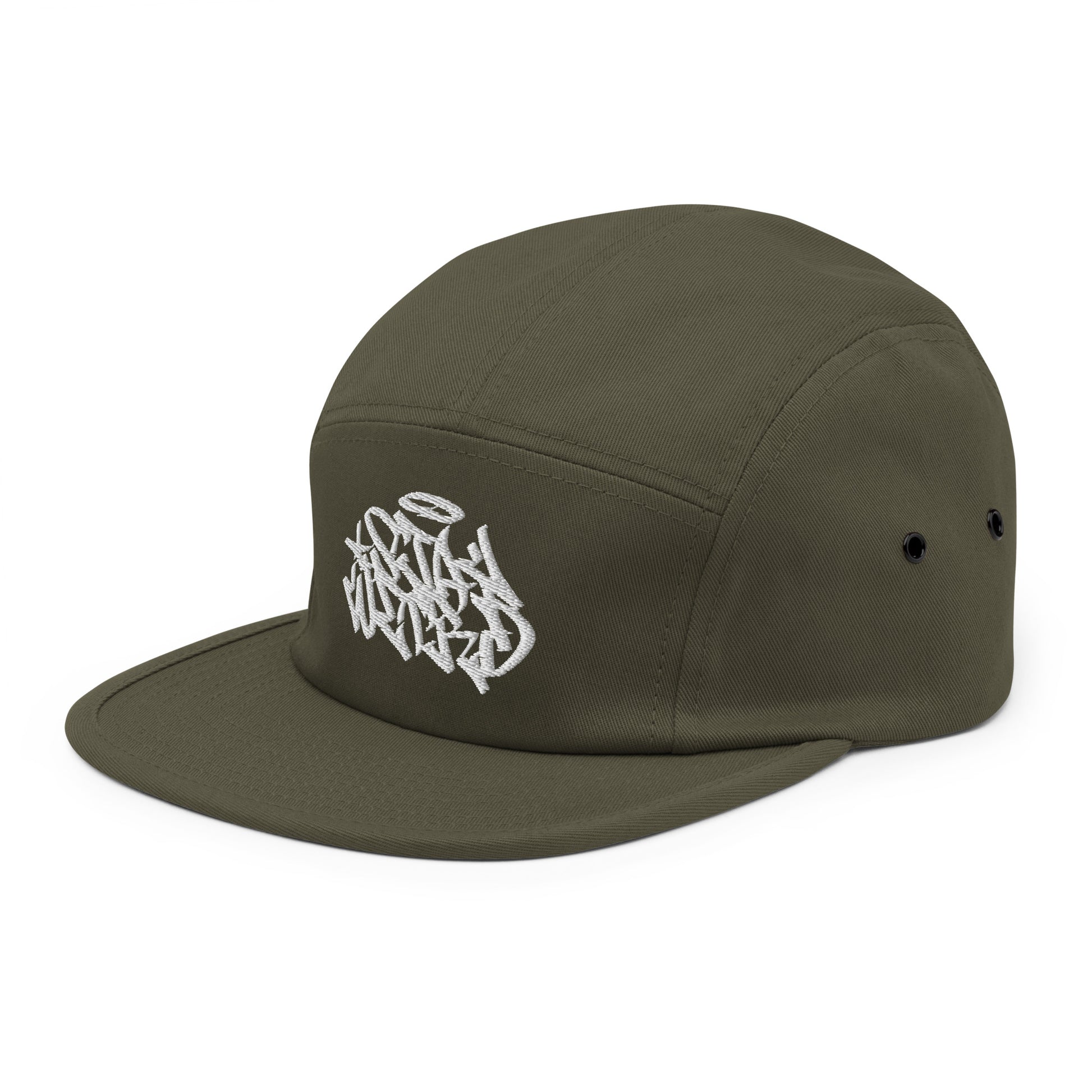 Green-Stay Weird Graffiti Tag 5-Panel Snapback Hat from B.Different Clothing, 3/4 left view, graffiti-inspired streetwear