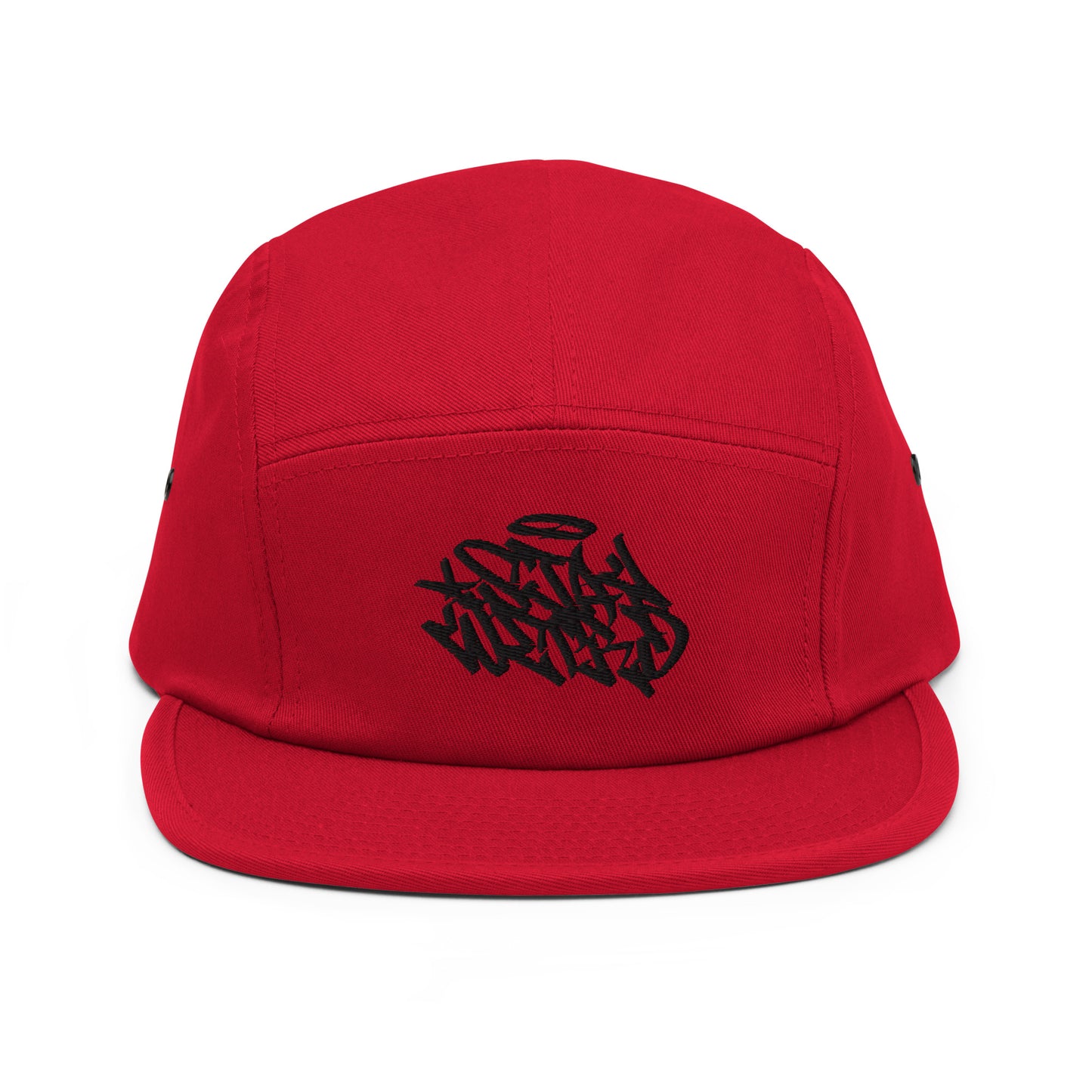 Red-Stay Weird Graffiti Tag 5-Panel Snapback Hat from B.Different Clothing, front view, graffiti-inspired streetwear