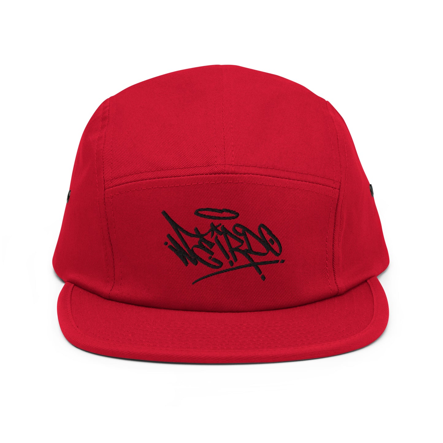 Red-Weirdo Graffiti Tag 5-panel Snapback Hat from B.Different Clothing, front view, graffiti-inspired streetwear