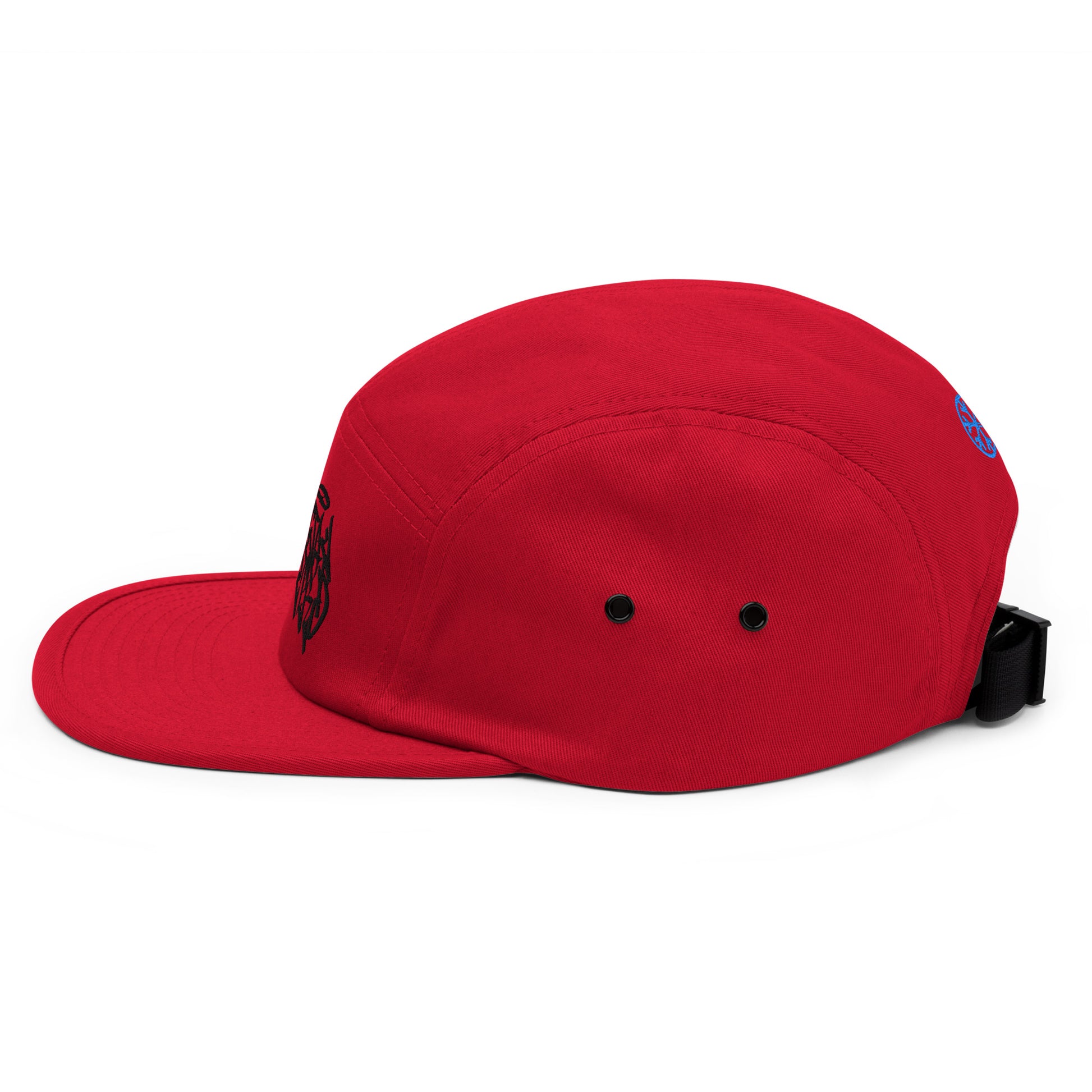 Red-Stay Weird Graffiti Tag 5-Panel Snapback Hat from B.Different Clothing, left view, graffiti-inspired streetwear