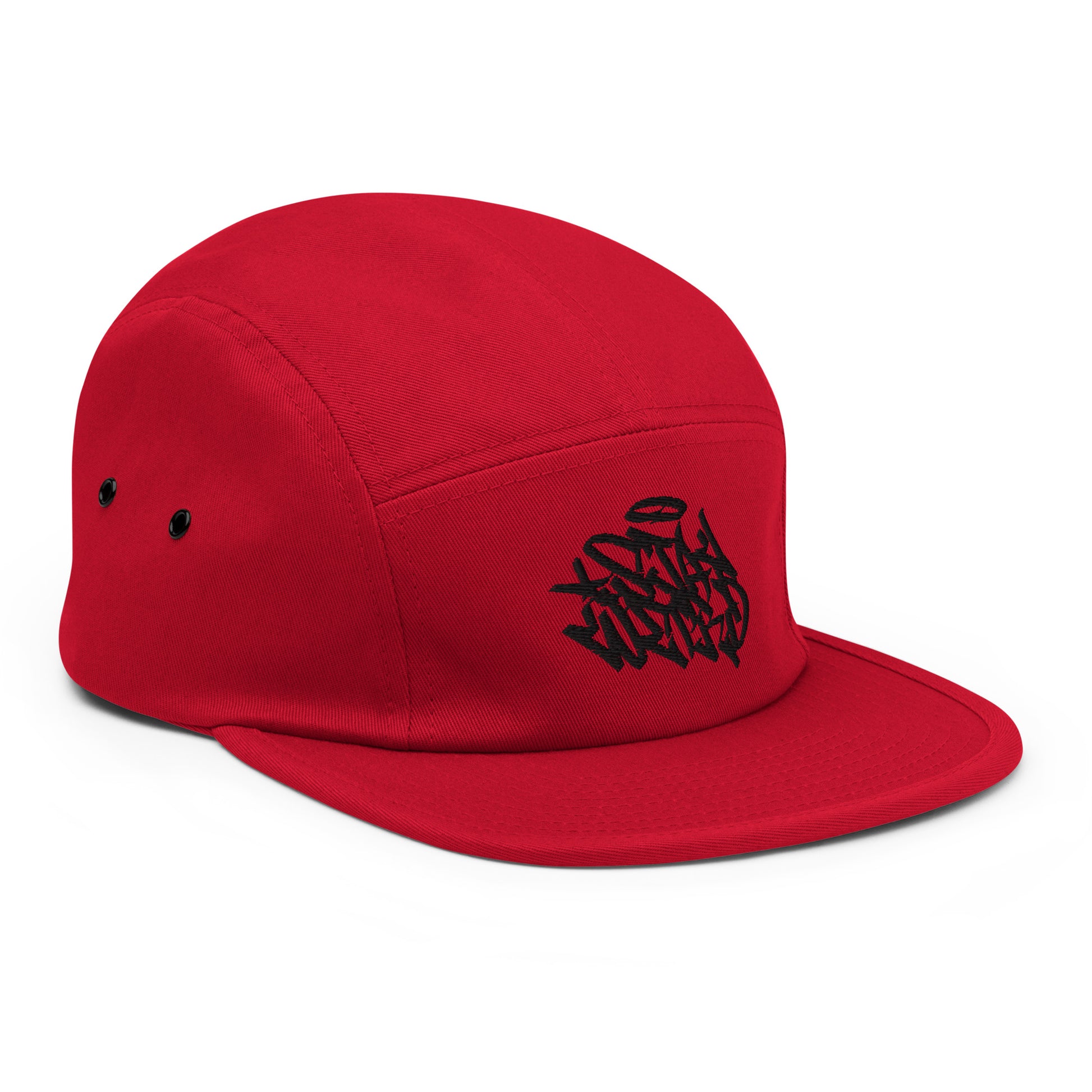 Red-Stay Weird Graffiti Tag 5-Panel Snapback Hat from B.Different Clothing, 3/4 left view, graffiti-inspired streetwear