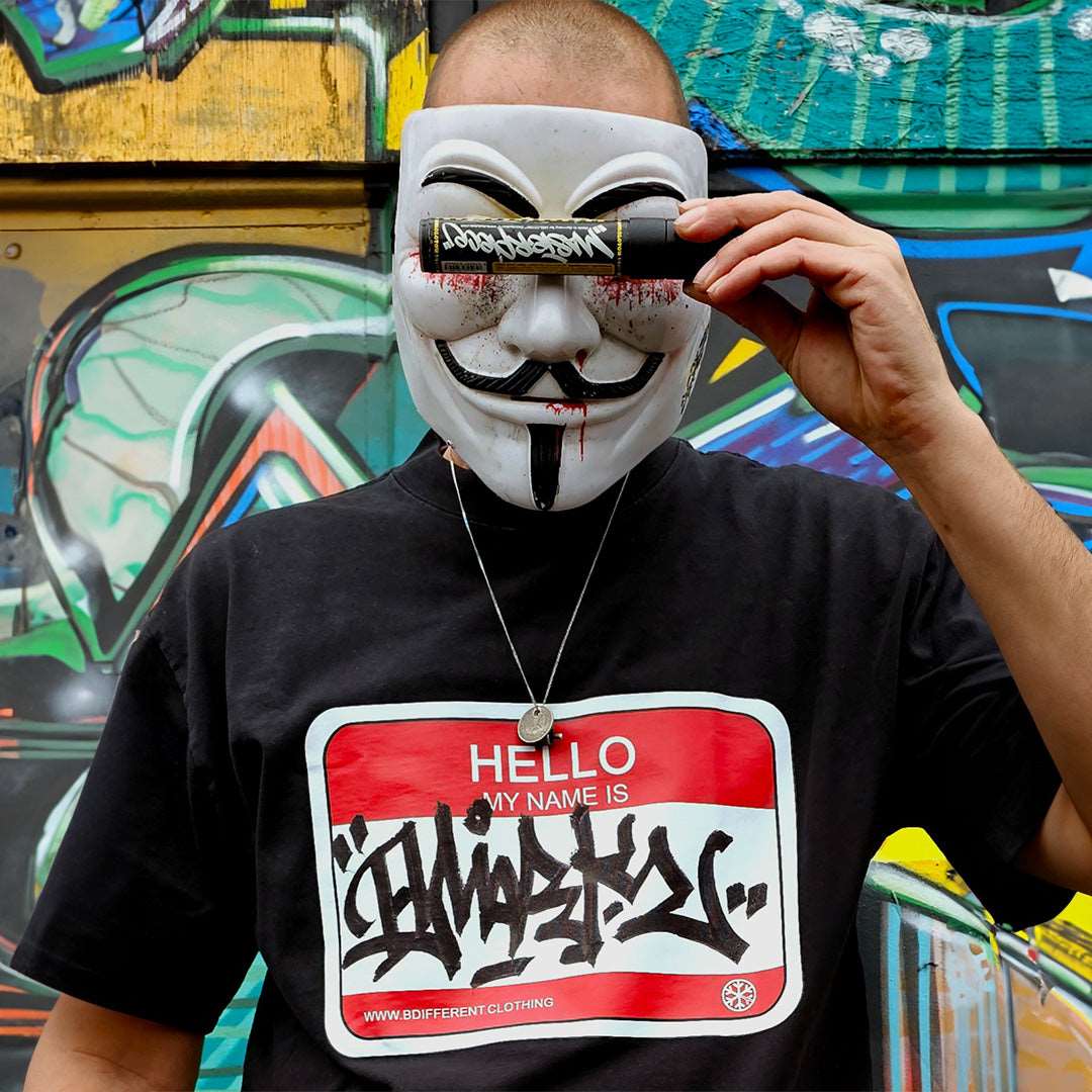 Black-Hello My Name Is Sticker Graffiti Tee from B.Different Clothing, Dmark Close-up, graffiti-inspired streetwear t-shirt