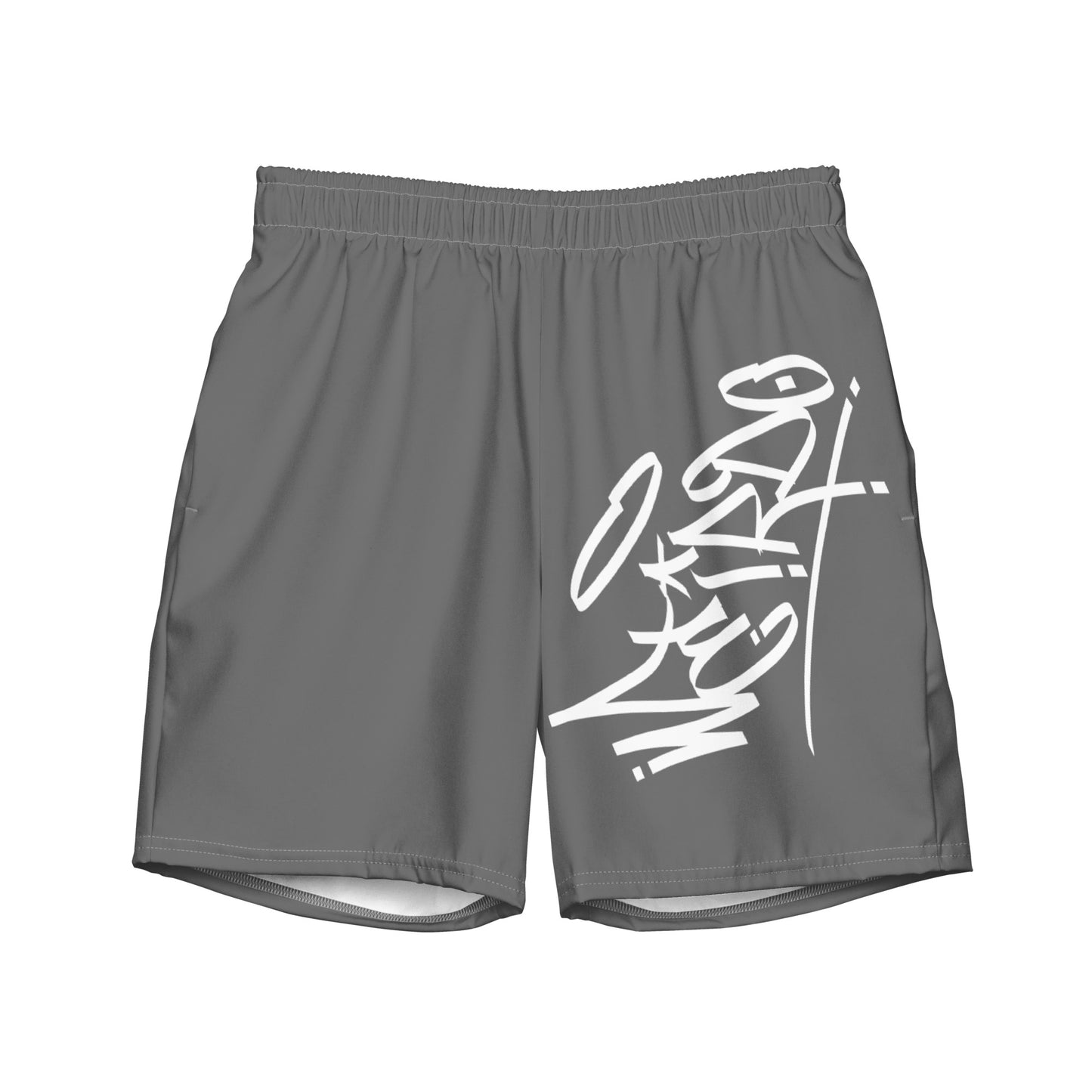 gray-weirdo-graffiti-tag-swim-shorts-front-by-b.different-clothing-graffiti-inspired-independent-streetwear-brand