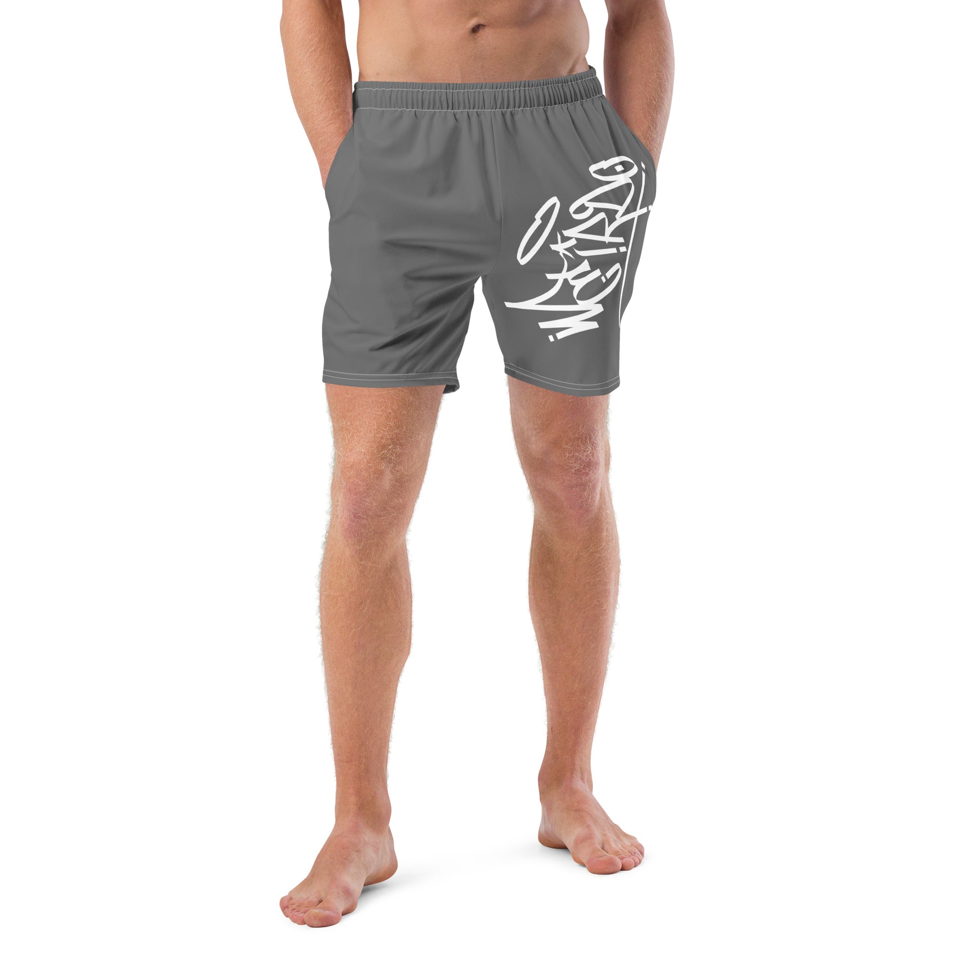 gray-weirdo-graffiti-tag-swim-shorts-front-by-b.different-clothing-graffiti-inspired-independent-streetwear-brand