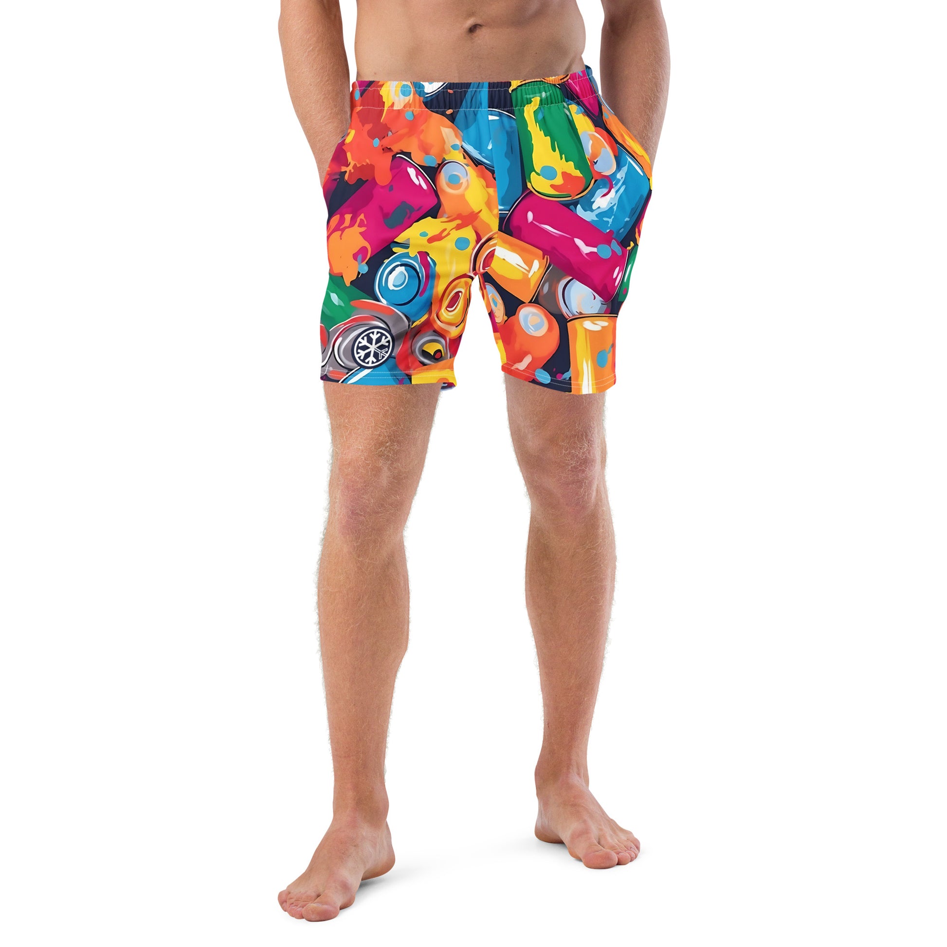 -Spray Cans Graffiti Swim Shorts from B.Different Clothing, male model front view, graffiti-inspired streetwear