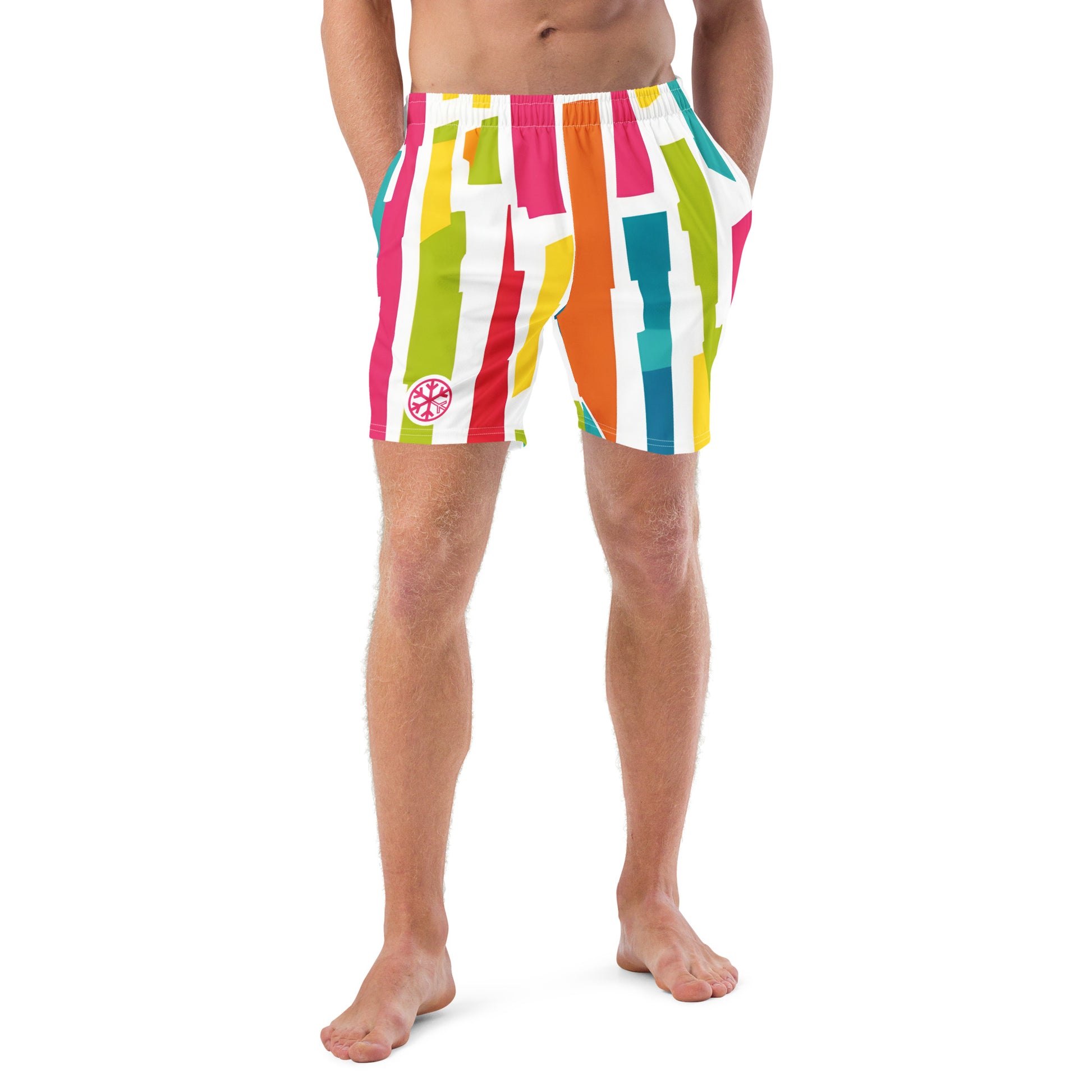 -Good Vibes Graffiti Swim Shorts from B.Different Clothing, male model front view, graffiti-inspired streetwear
