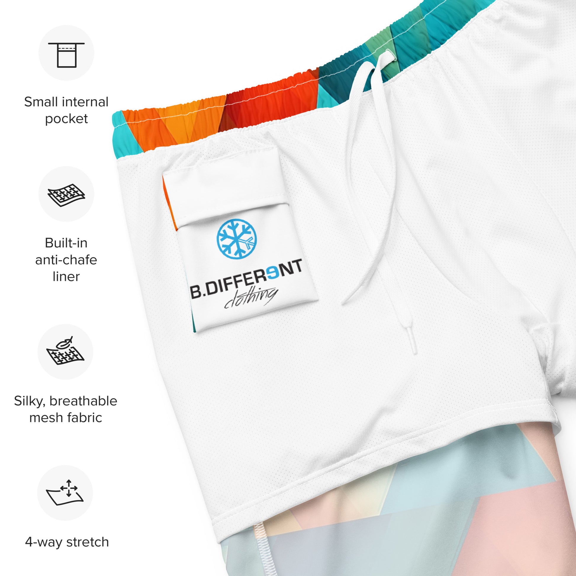 -Prism Swim Shorts from B.Different Clothing, inside pocket, graffiti-inspired streetwear
