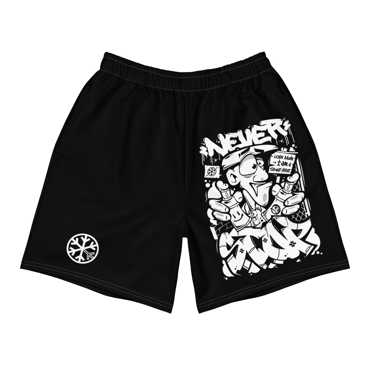 Black-Never Stop Graffiti Character Shorts from B.Different Clothing, front view, graffiti-inspired streetwear