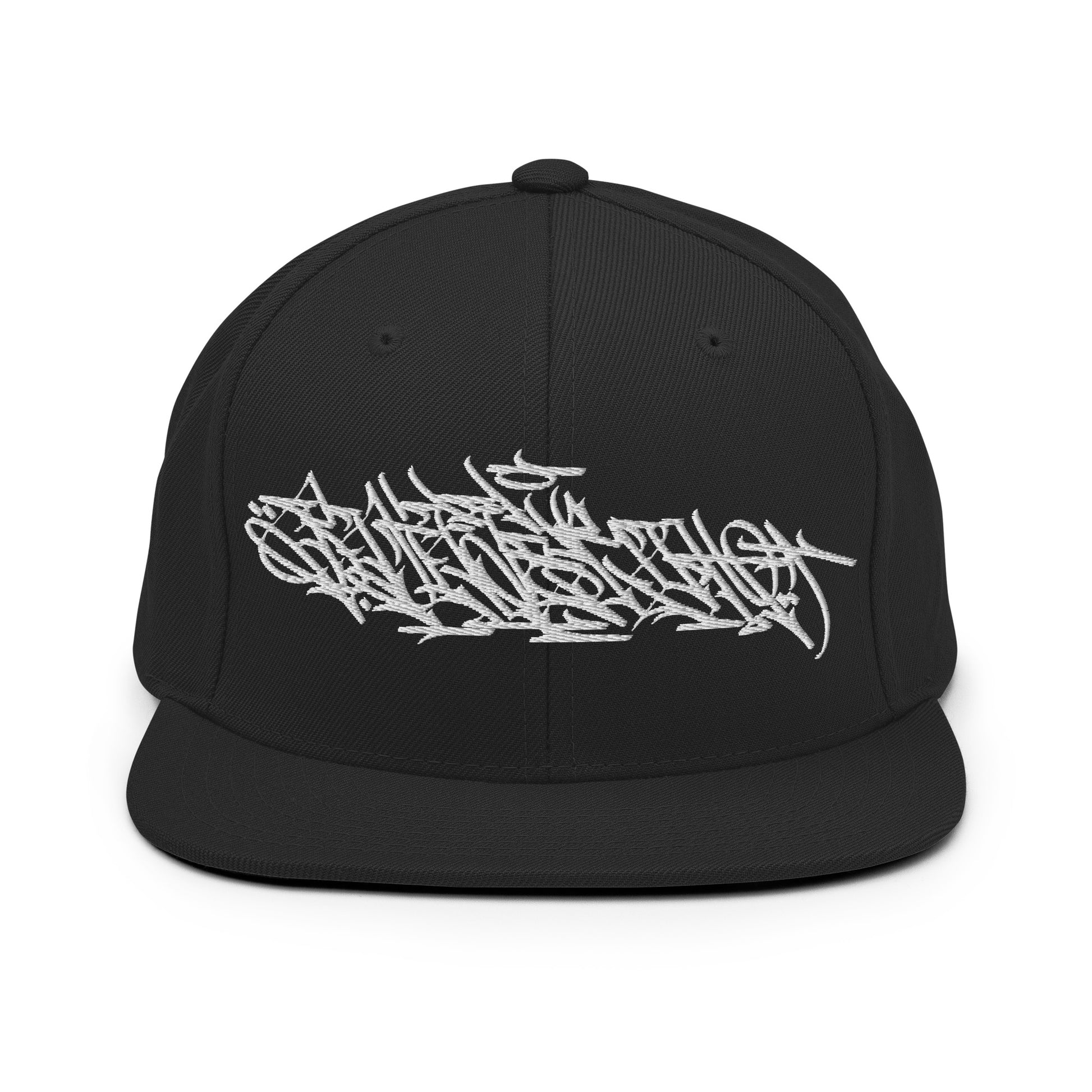 Black-Shew Collab Graffiti Snapback Hat from B.Different Clothing, front view, graffiti-inspired streetwear