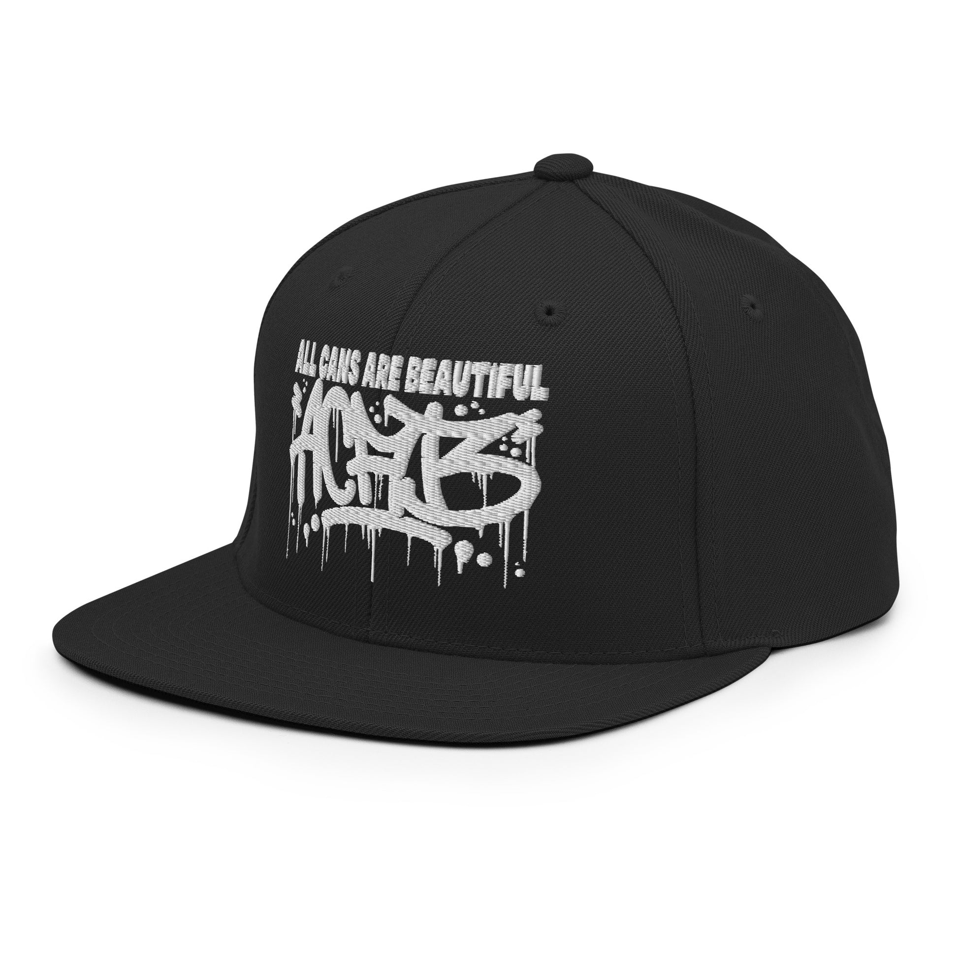 Black-ACAB Graffiti Tag Snapback Hat from B.Different Clothing, 3/4 left view, graffiti-inspired streetwear