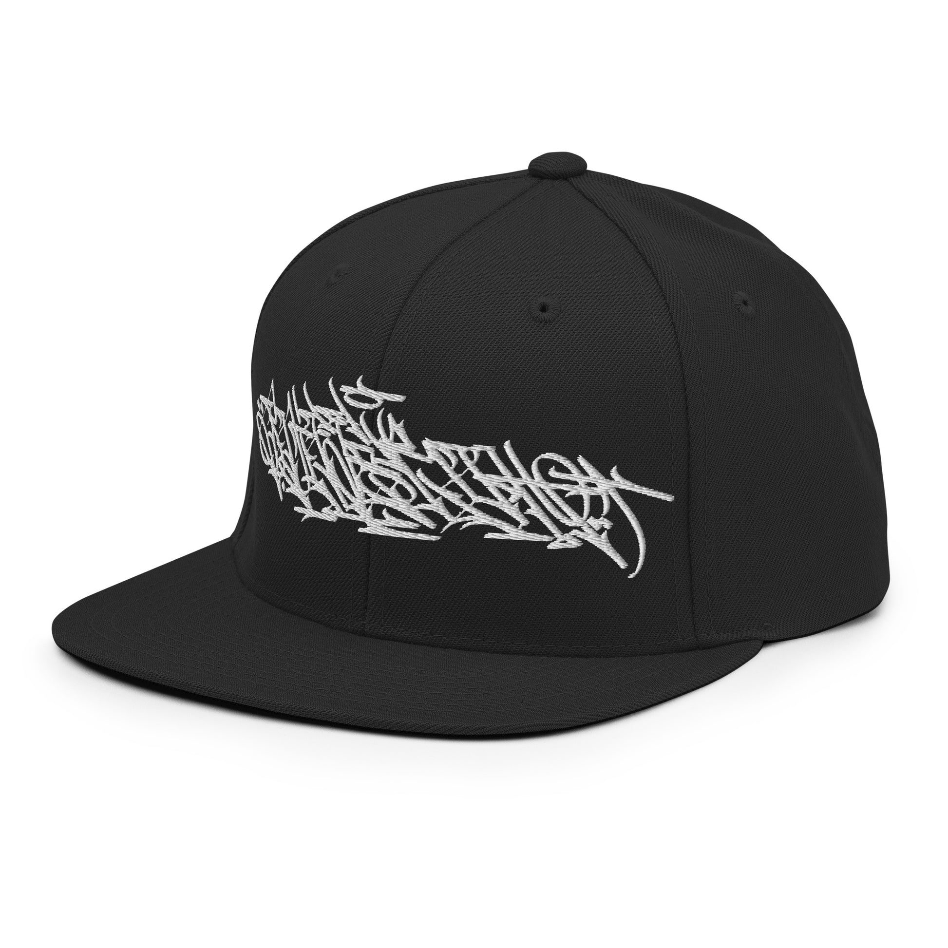 Black-Shew Collab Graffiti Snapback Hat from B.Different Clothing, 3/4 left view, graffiti-inspired streetwear