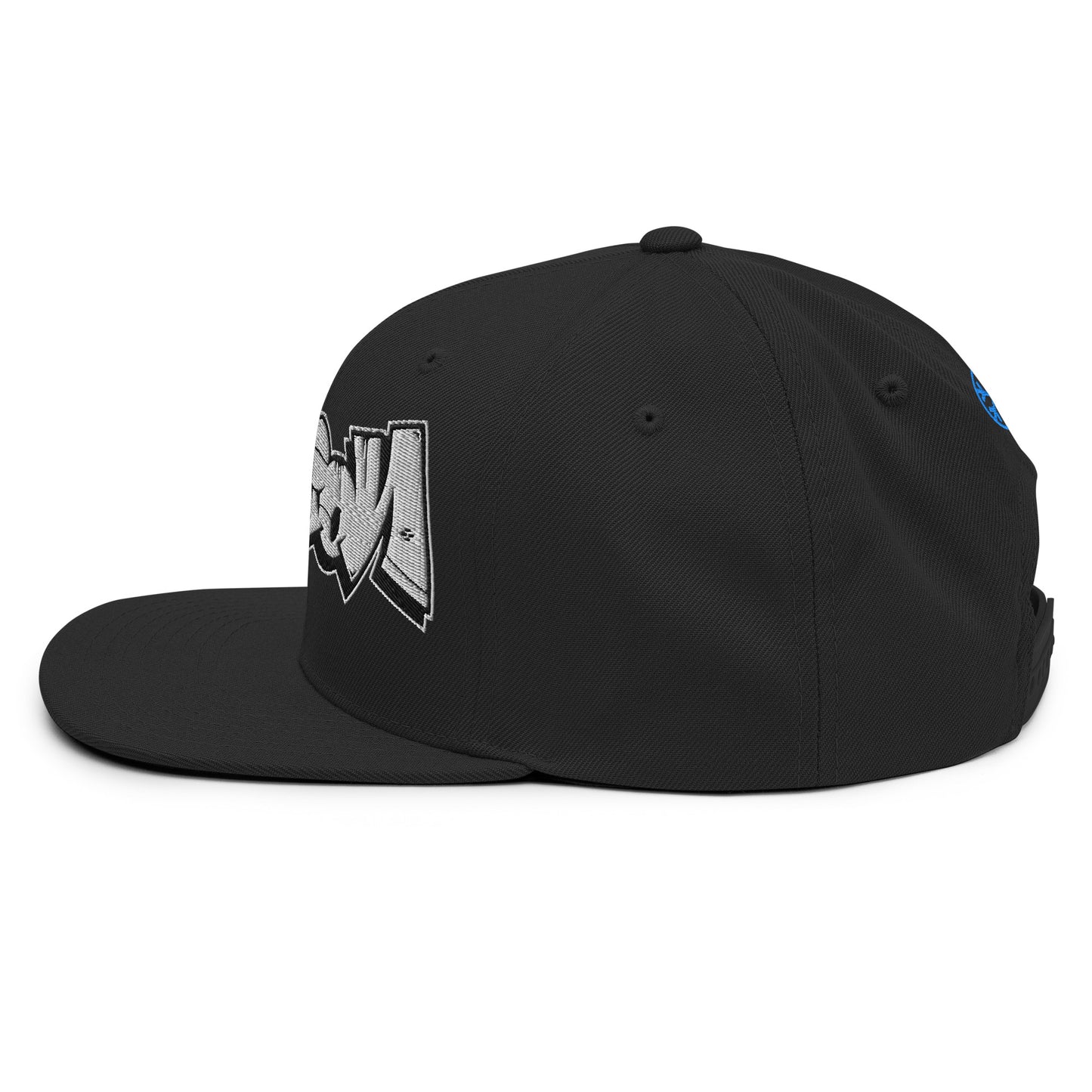 Black-Mission Graffiti Piece Snapback Hat from B.Different Clothing, left view, graffiti-inspired streetwear