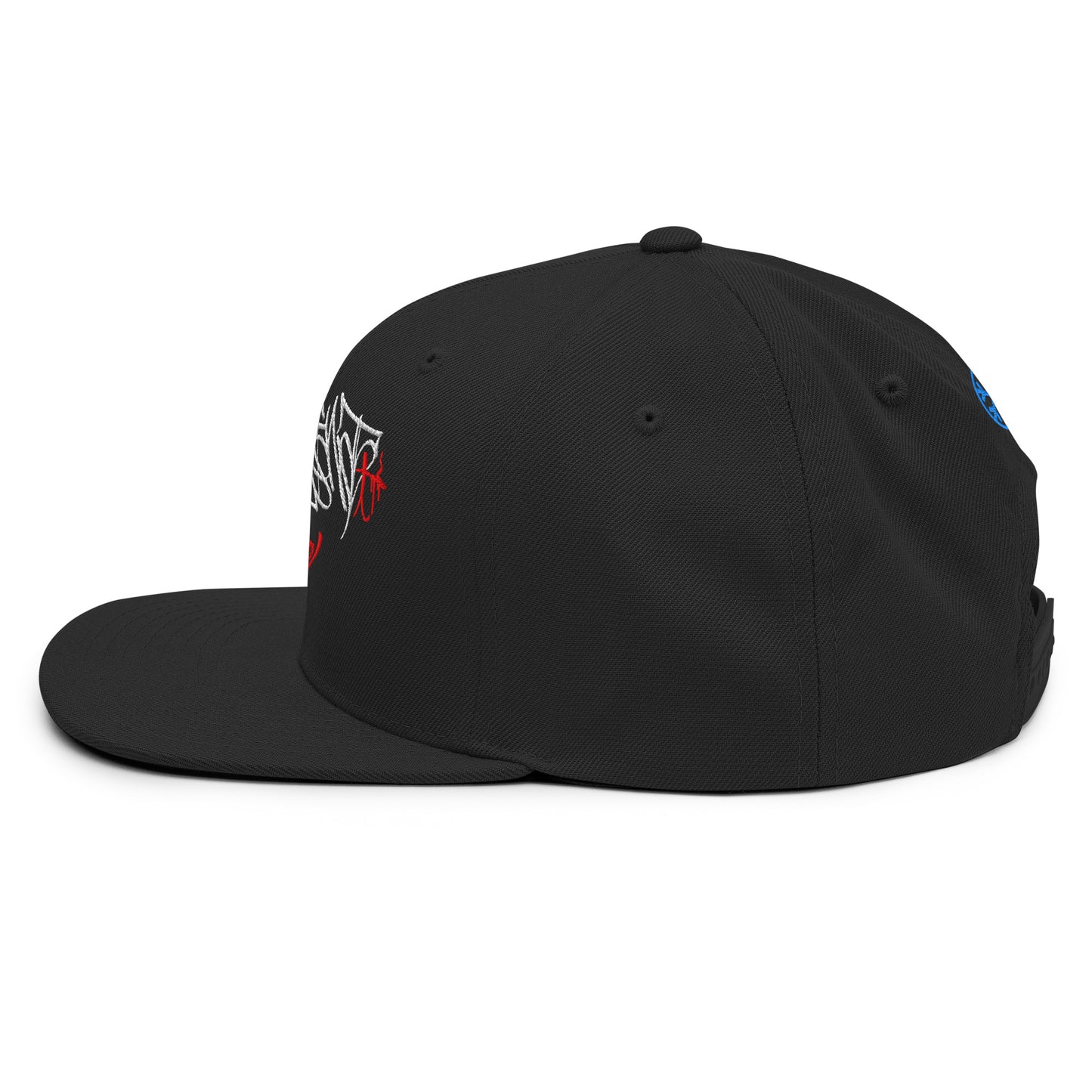 Black-Caos One Collab Graffiti Snapback Hat from B.Different Clothing, left view, graffiti-inspired streetwear