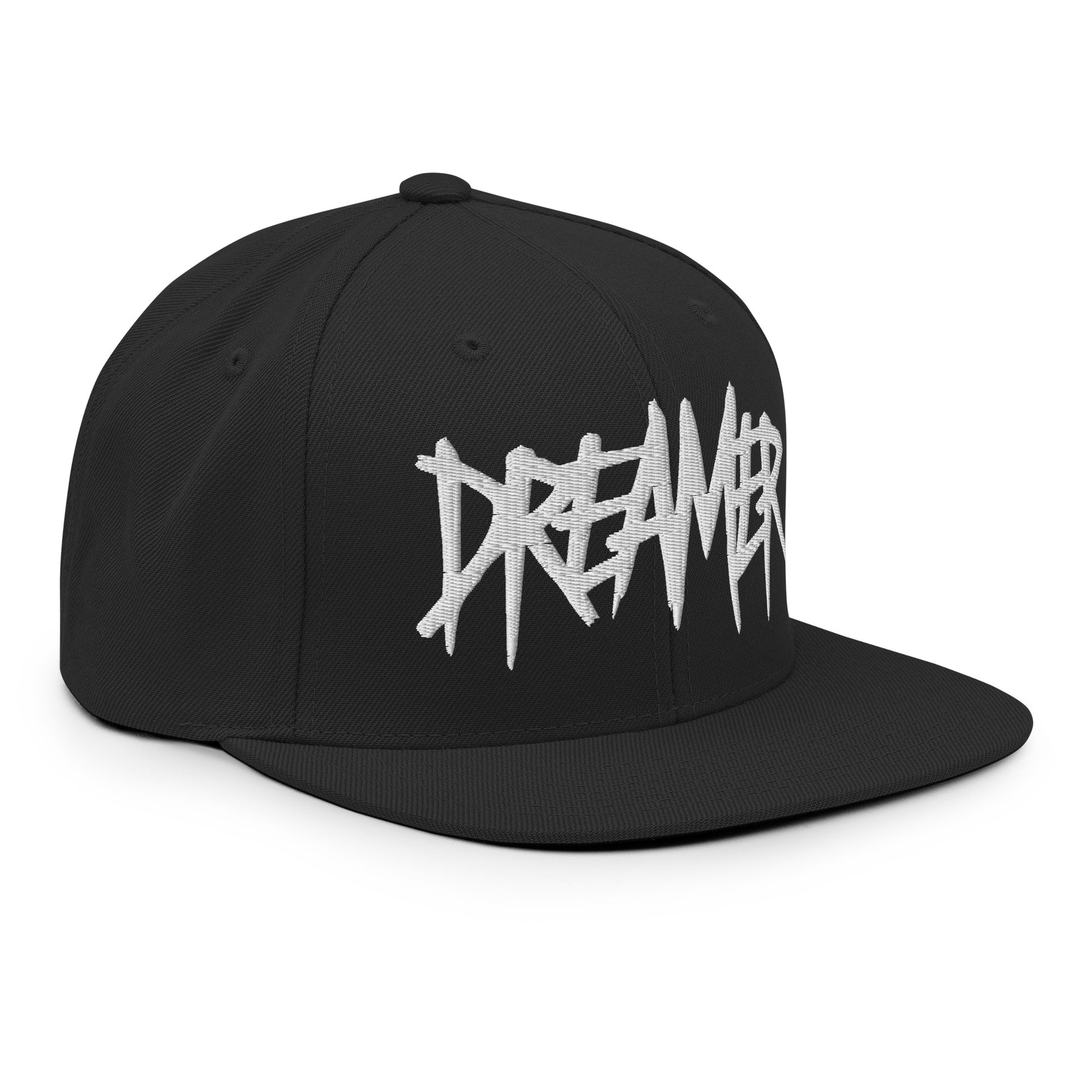 Black-Dreamer Graffiti Tag Snapback Hat from B.Different Clothing, 3/4 right view, graffiti-inspired streetwear