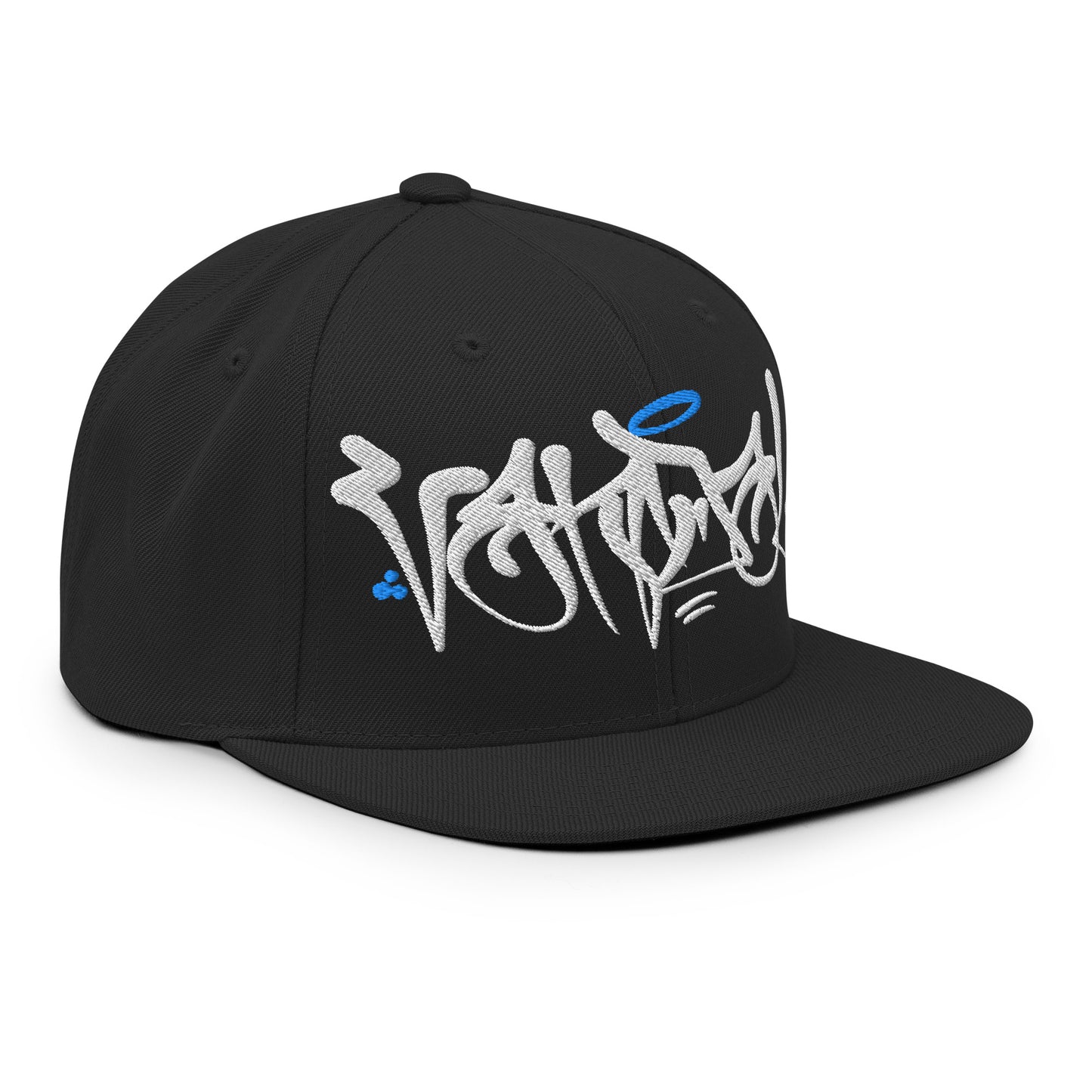 Black-Vandal Graffiti Tag Snapback Hat by Caos One from B.Different Clothing, 3/4 right view, graffiti-inspired streetwear