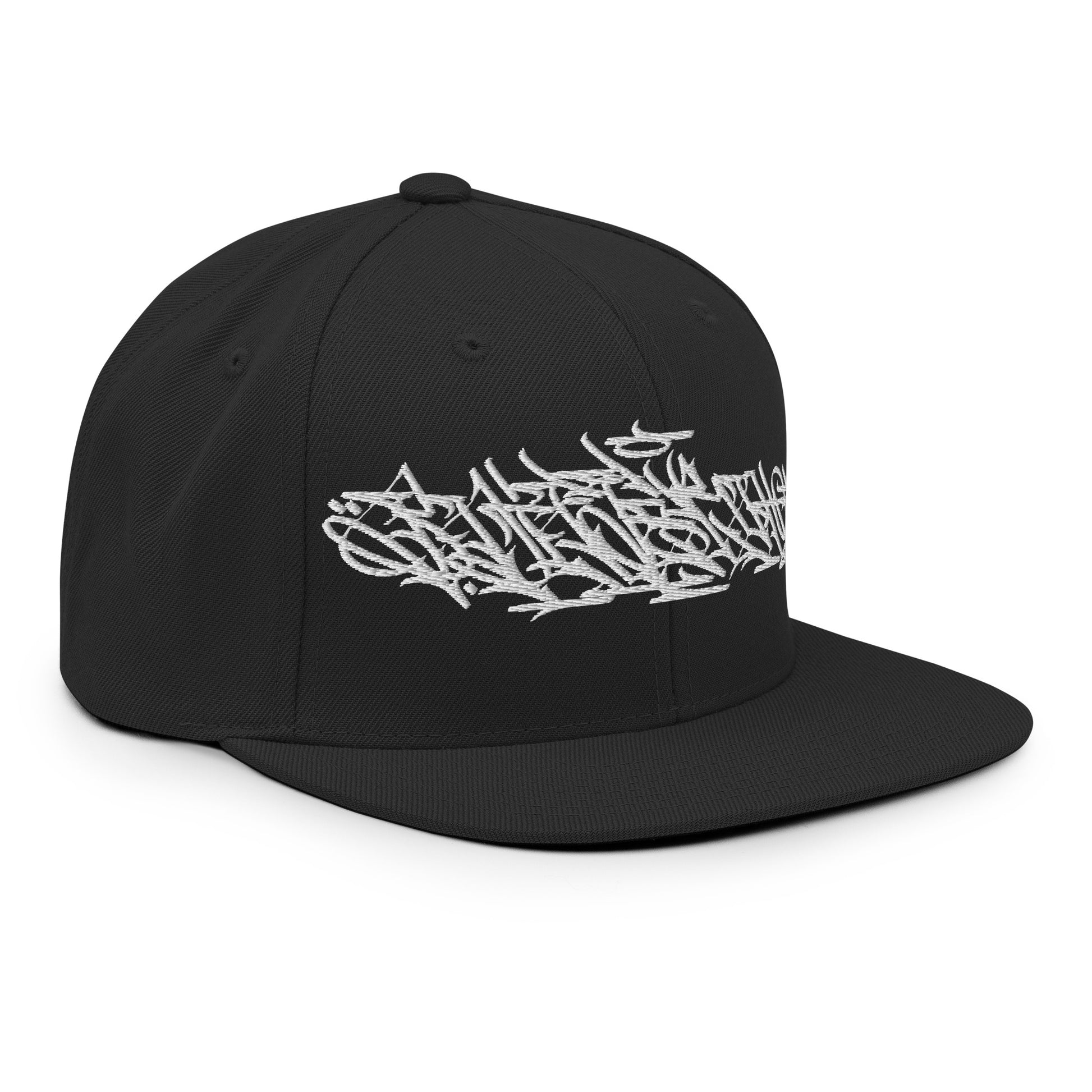 Black-Shew Collab Graffiti Snapback Hat from B.Different Clothing, 3/4 right view, graffiti-inspired streetwear