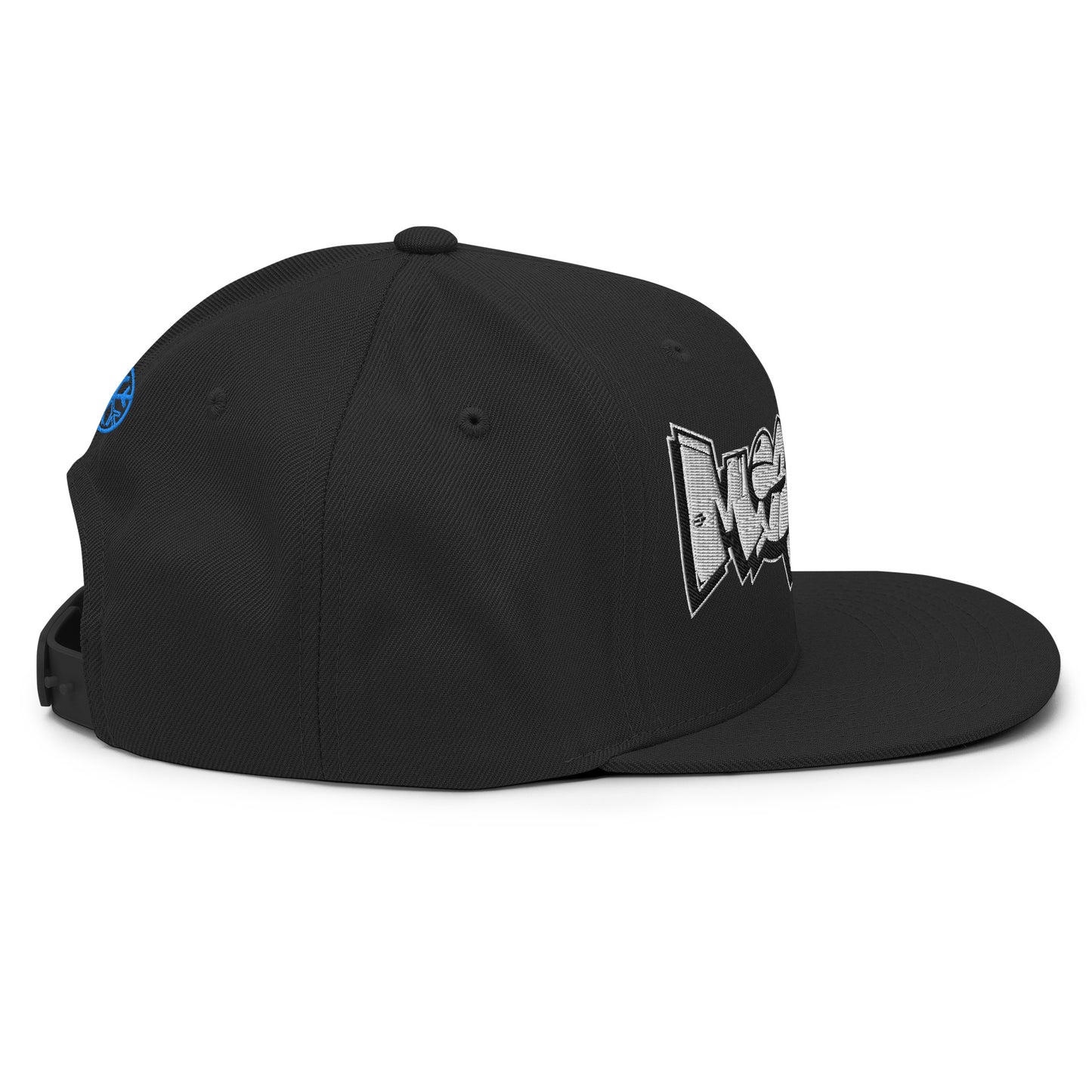 Black-Mission Graffiti Piece Snapback Hat from B.Different Clothing, left view, graffiti-inspired streetwear