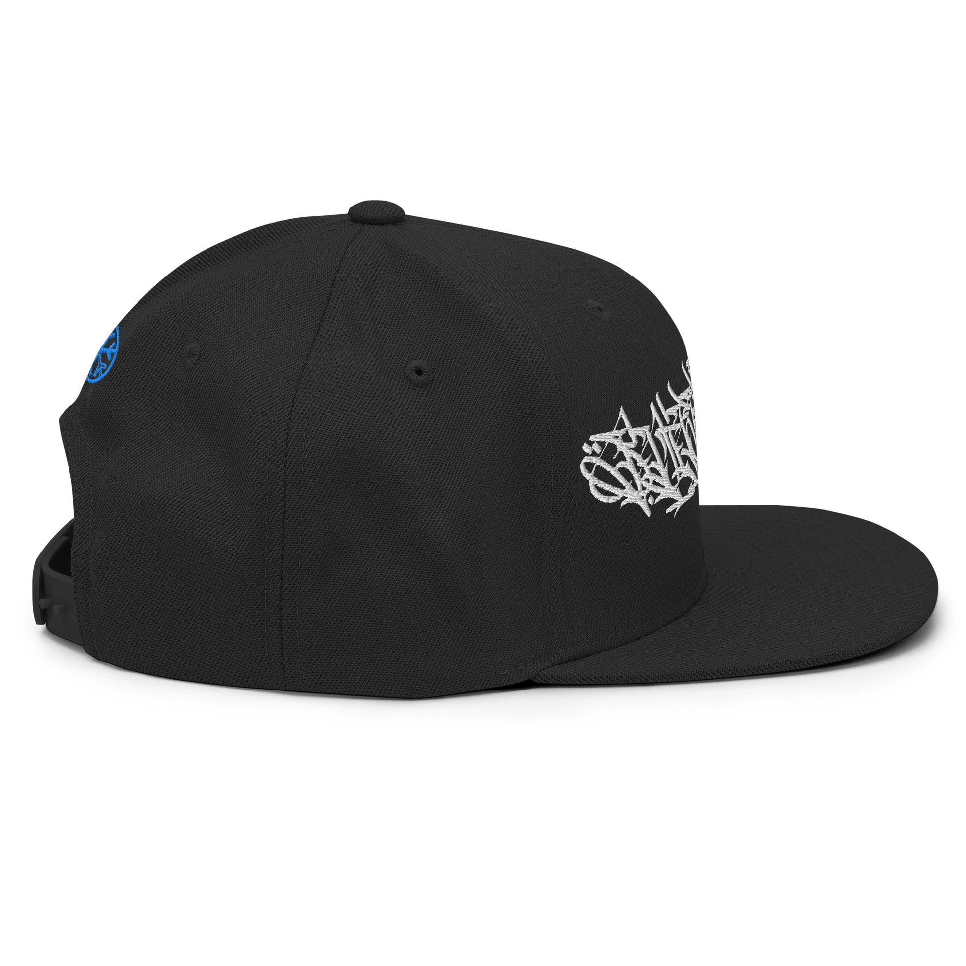 Black-Shew Collab Graffiti Snapback Hat from B.Different Clothing, right view, graffiti-inspired streetwear
