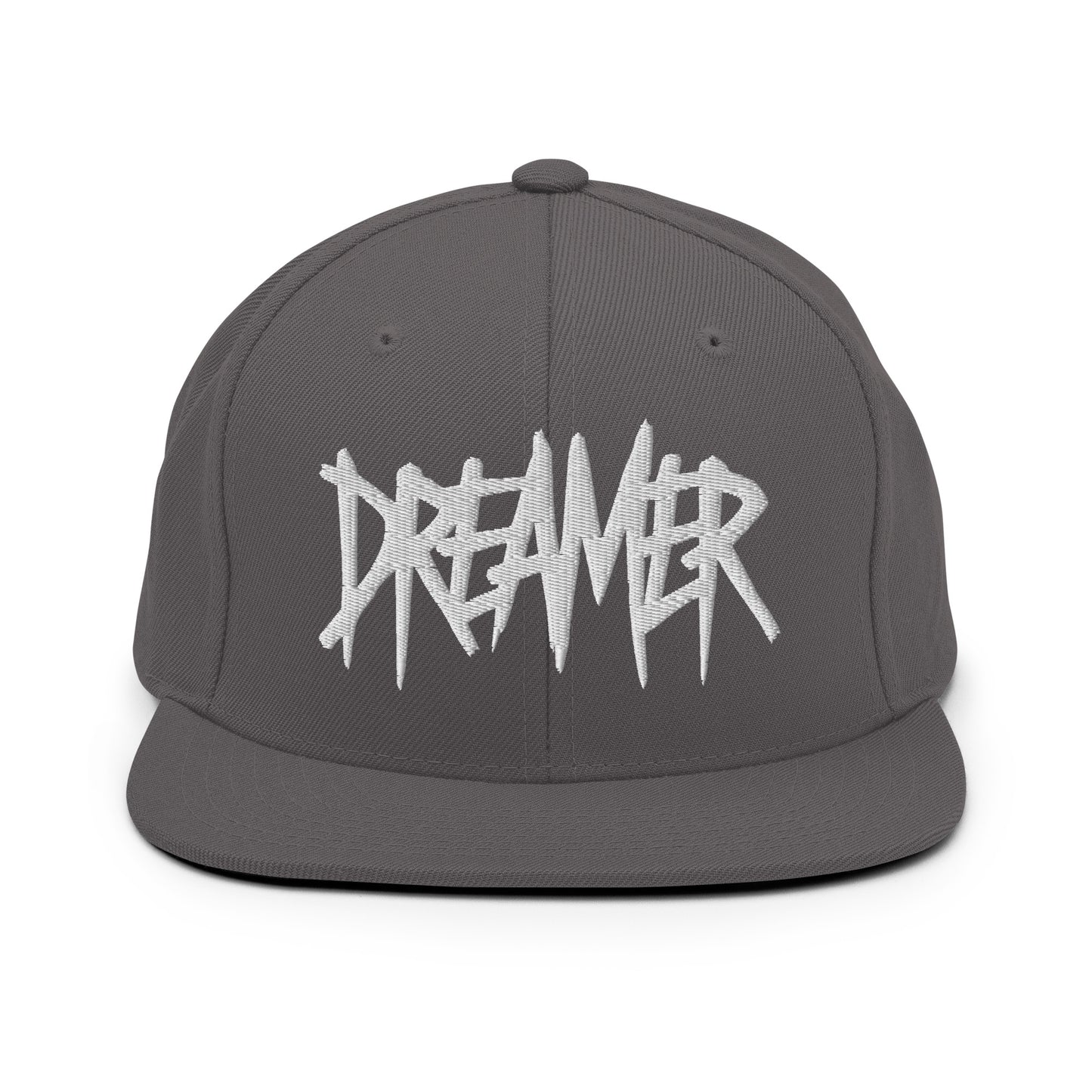Gray-Dreamer Graffiti Tag Snapback Hat from B.Different Clothing, front view, graffiti-inspired streetwear