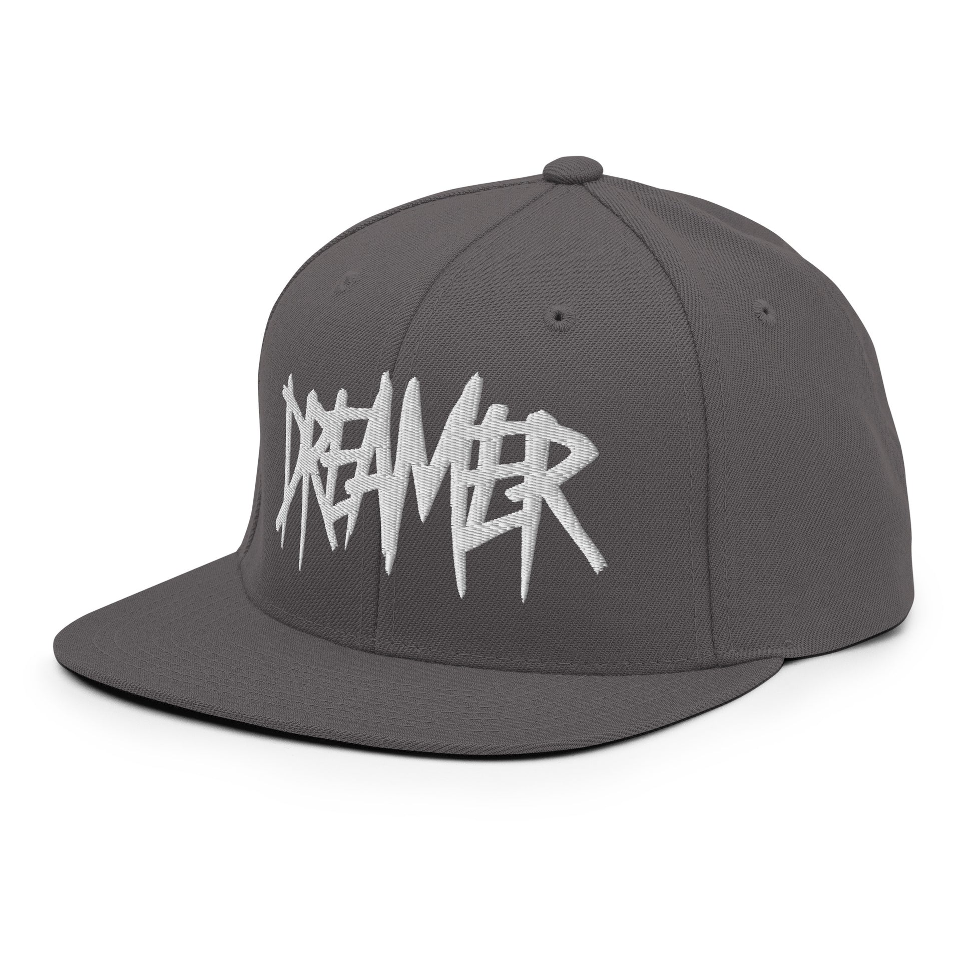 Gray-Dreamer Graffiti Tag Snapback Hat from B.Different Clothing, 3/4 left view, graffiti-inspired streetwear