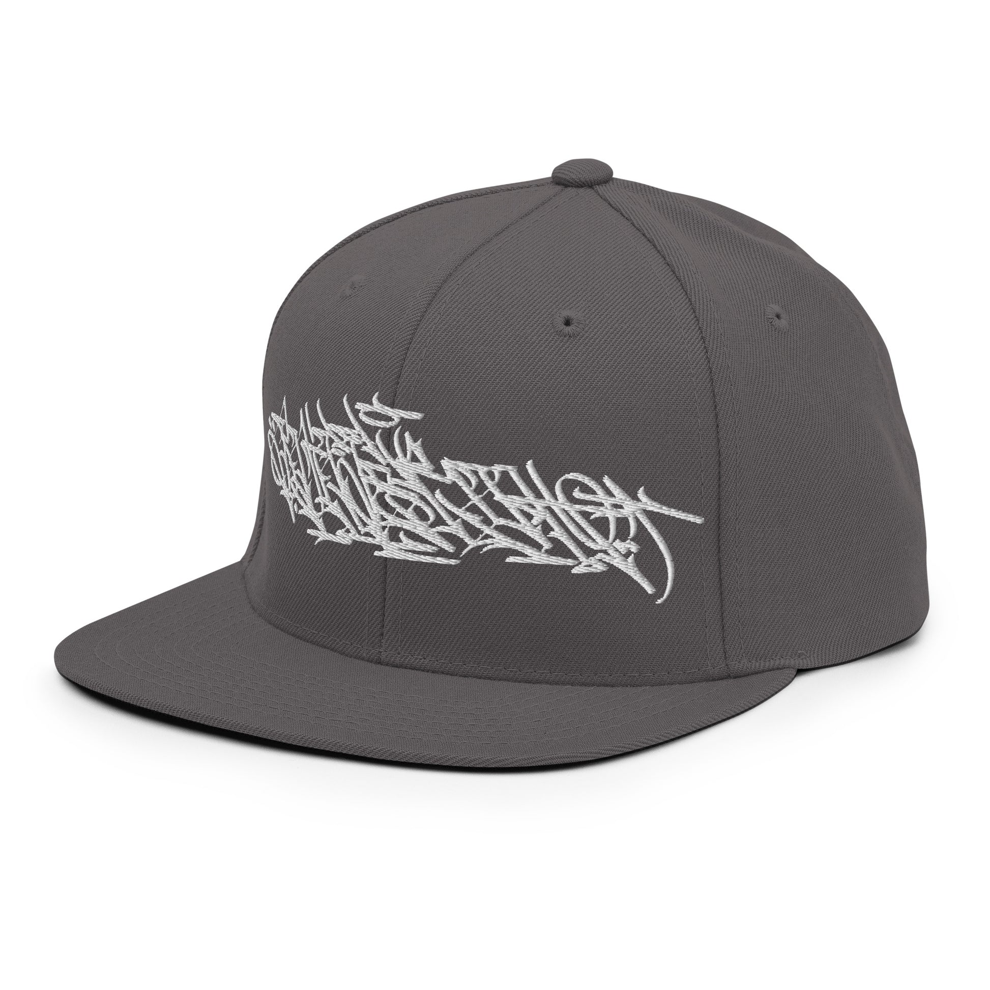 Gray-Shew Collab Graffiti Snapback Hat from B.Different Clothing, 3/4 left view, graffiti-inspired streetwear