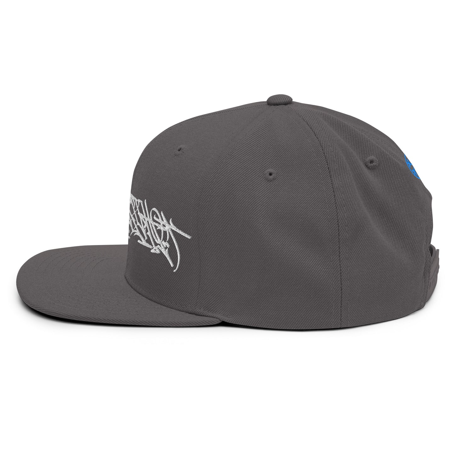 Gray-Shew Collab Graffiti Snapback Hat from B.Different Clothing, left view, graffiti-inspired streetwear