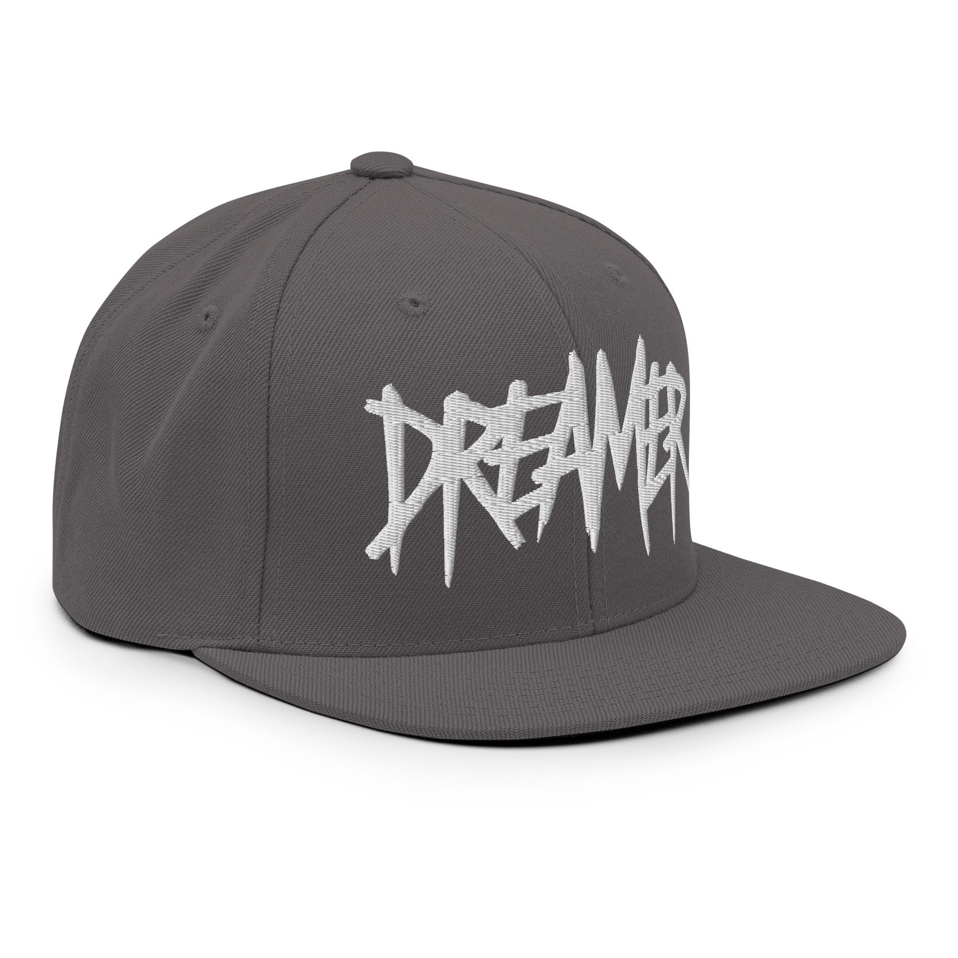 Gray-Dreamer Graffiti Tag Snapback Hat from B.Different Clothing, 3/4 right view, graffiti-inspired streetwear