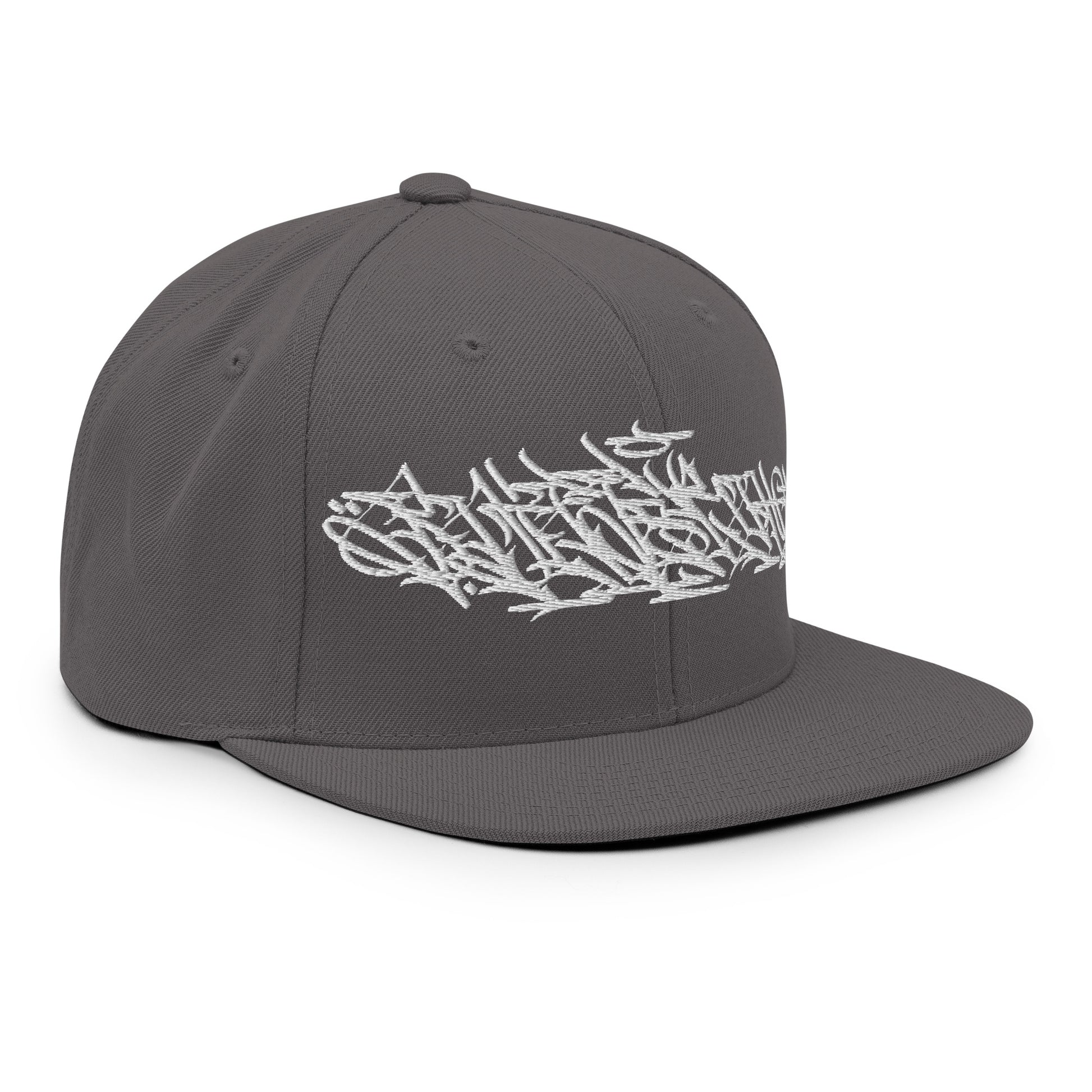 Gray-Shew Collab Graffiti Snapback Hat from B.Different Clothing, 3/4 right view, graffiti-inspired streetwear