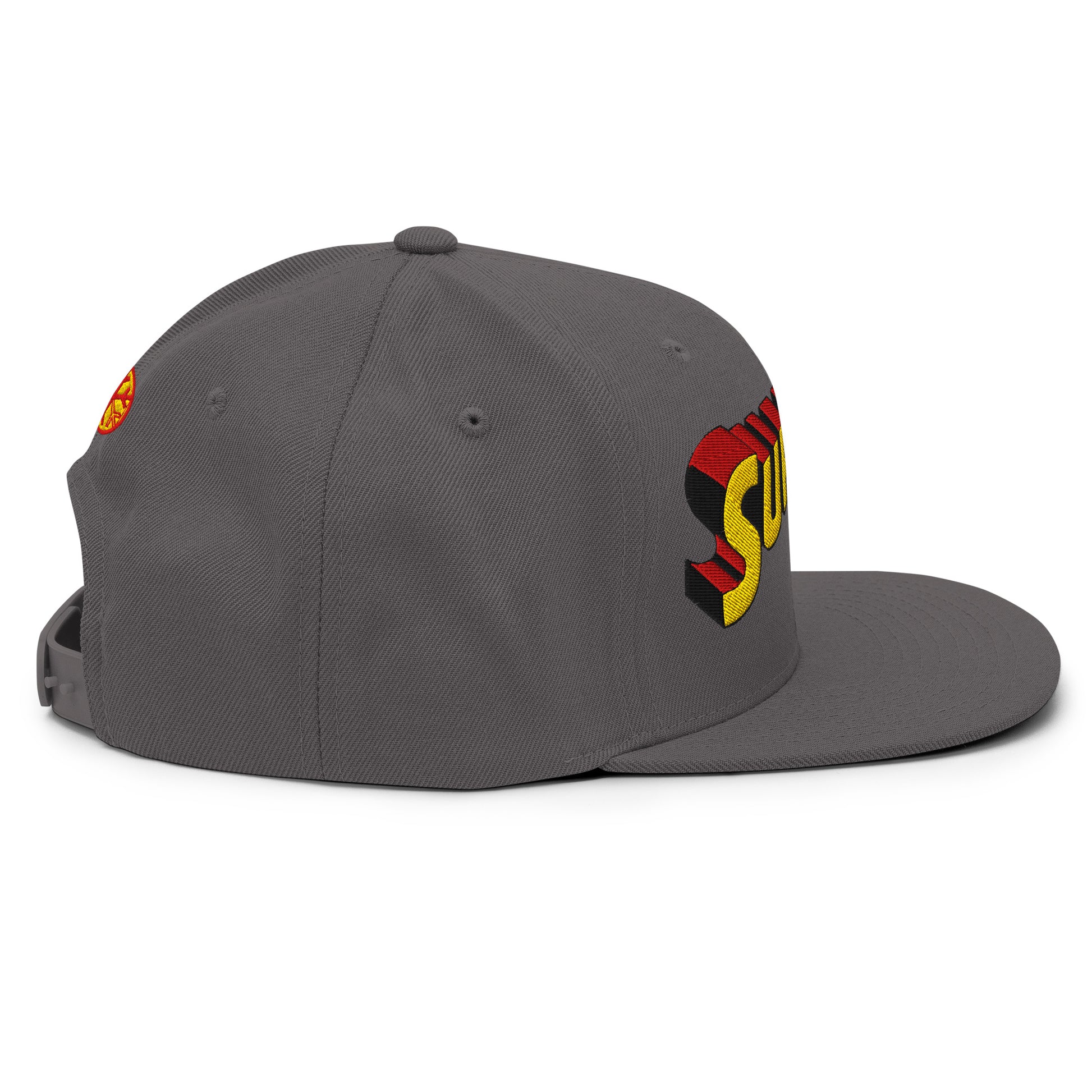 Gray-Superweird Snapback Hat from B.Different Clothing, right view, graffiti-inspired streetwear