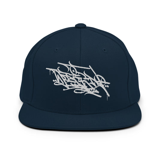 Navy-Weirdo Graffiti Tag Snapback Hat by Shew from B.Different Clothing, front view, graffiti-inspired streetwear