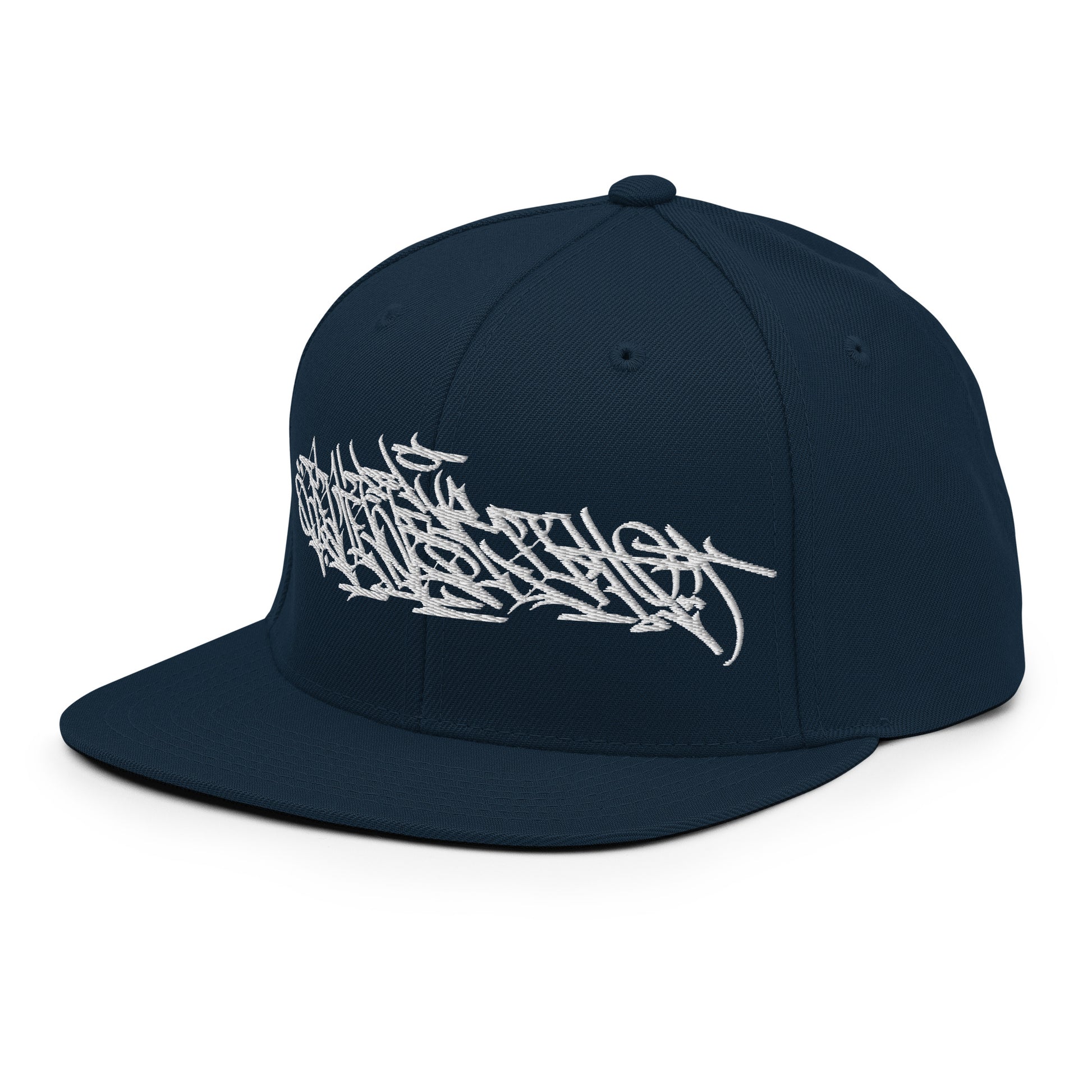 Navy-Shew Collab Graffiti Snapback Hat from B.Different Clothing, 3/4 left view, graffiti-inspired streetwear